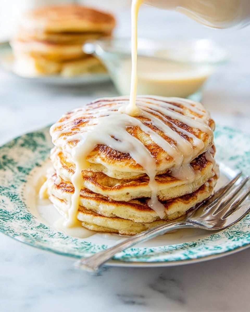 A stack of five golden pancakes is placed neatly on a white plate with delicate blue-green patterns. Each pancake layer shows a soft, fluffy texture with light browning on the edges. A pale, creamy sauce is being poured over the top pancake, creating thin streams that drip down the sides, contrasting with the warm pancake colors. A shiny silver fork rests on the plate’s edge near the stack. The background is a bright white marbled surface, softly blurred, with an additional small stack of pancakes and a clear bowl containing more sauce in the distance. Photo taken with an iphone --ar 4:5 --v 7