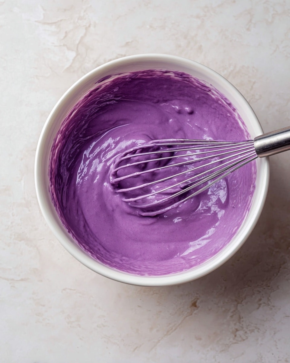 A clear white bowl filled with smooth, thick purple batter, with a shiny texture showing some light reflections. A metal whisk is partially dipped into the batter, resting near the center of the bowl with batter clinging lightly to its wires. The bowl is placed on a white marbled surface, giving a clean and soft contrast to the vibrant purple batter. Photo taken with an iphone --ar 4:5 --v 7