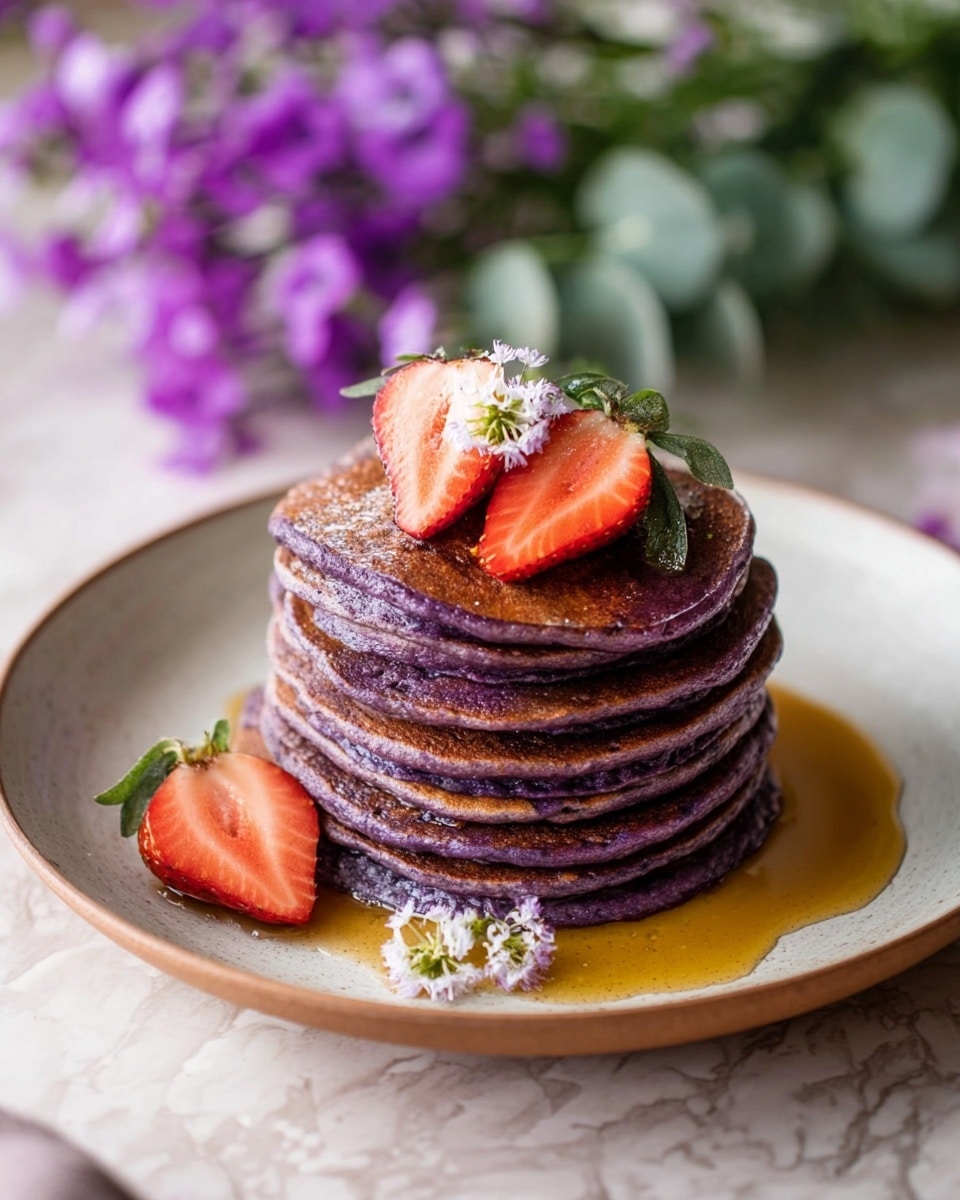 A stack of seven thick purple pancakes is placed in the center of a white plate with a light brown rim, with golden syrup pooling around the base. On top of the pancakes, there are two halved strawberries with their green leaves and small white flowers garnishing them. A single strawberry slice rests on the plate next to the stack. The background shows blurred purple flowers and some greenery. The surface is a white marbled texture. photo taken with an iphone --ar 4:5 --v 7