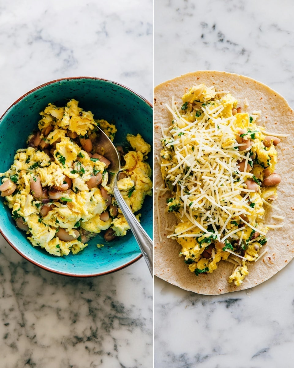 The image shows two sections: on the left, there is a turquoise bowl on a white marbled surface filled with a mix of soft yellow scrambled eggs, brown beans, and chopped green herbs, with a silver spoon resting inside. On the right, a light brown tortilla lays flat on a white marbled surface, topped with a bright yellow layer of scrambled eggs mixed with brown beans and green herbs, then covered with a layer of shredded pale yellow cheese scattered evenly on top. Photo taken with an iphone --ar 4:5 --v 7