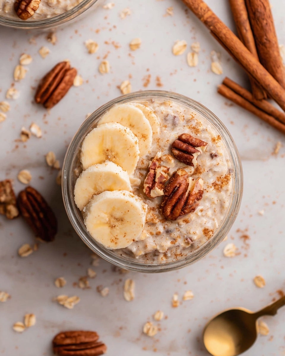 The image shows a small glass bowl filled with a creamy oatmeal mix that has a light beige color with visible oats and small cinnamon specks. On top, there are three thin, round slices of pale yellow banana placed slightly overlapping on one side. Scattered around the bananas and oatmeal are small pieces of light brown chopped pecans. The bowl sits on a white marbled surface sprinkled with dry oats and whole cinnamon sticks. A golden spoon lies nearby in the bottom right corner. Photo taken with an iphone --ar 4:5 --v 7