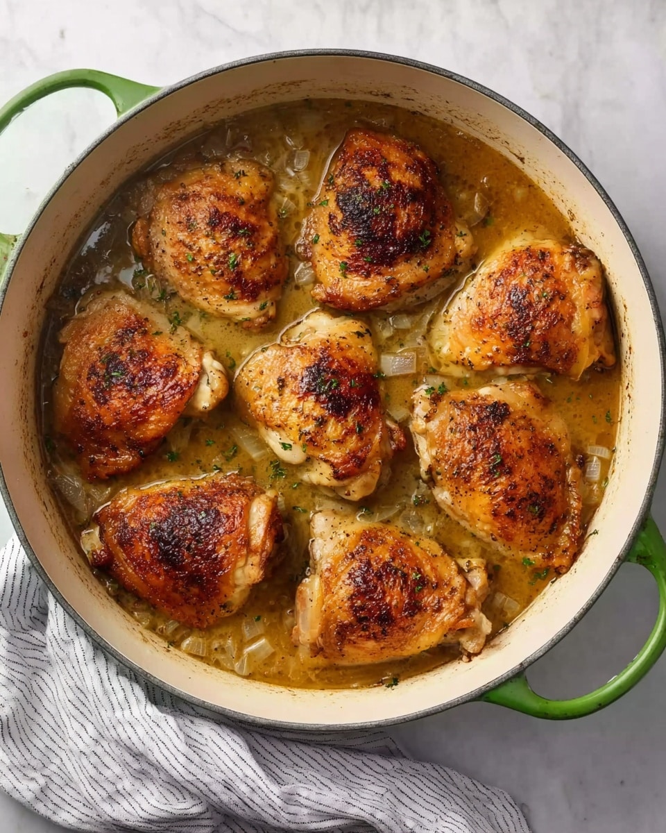 A white pot with green handles sits on a white marbled surface, filled with seven pieces of cooked chicken thighs with browned, slightly crispy skin on top. The chicken pieces are arranged in a single layer, immersed in a light brown sauce with visible chopped onions beneath, giving a slightly translucent look. A striped cloth is tucked under the pot at the lower left corner. Photo taken with an iphone --ar 4:5 --v 7