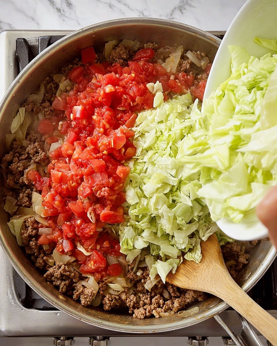 A top view of a large silver pan on a stove with three main layers inside: the bottom layer has cooked browned ground meat mixed with light brown cooked onions, the middle layer is bright red chopped tomatoes, and the top layer is freshly chopped light green cabbage just being poured from a white bowl held by a woman's hand. A light brown wooden spoon rests inside the pan near the bottom right corner, slightly touching the meat mixture. The background and surface under the stove are white marbled texture. photo taken with an iphone --ar 4:5 --v 7