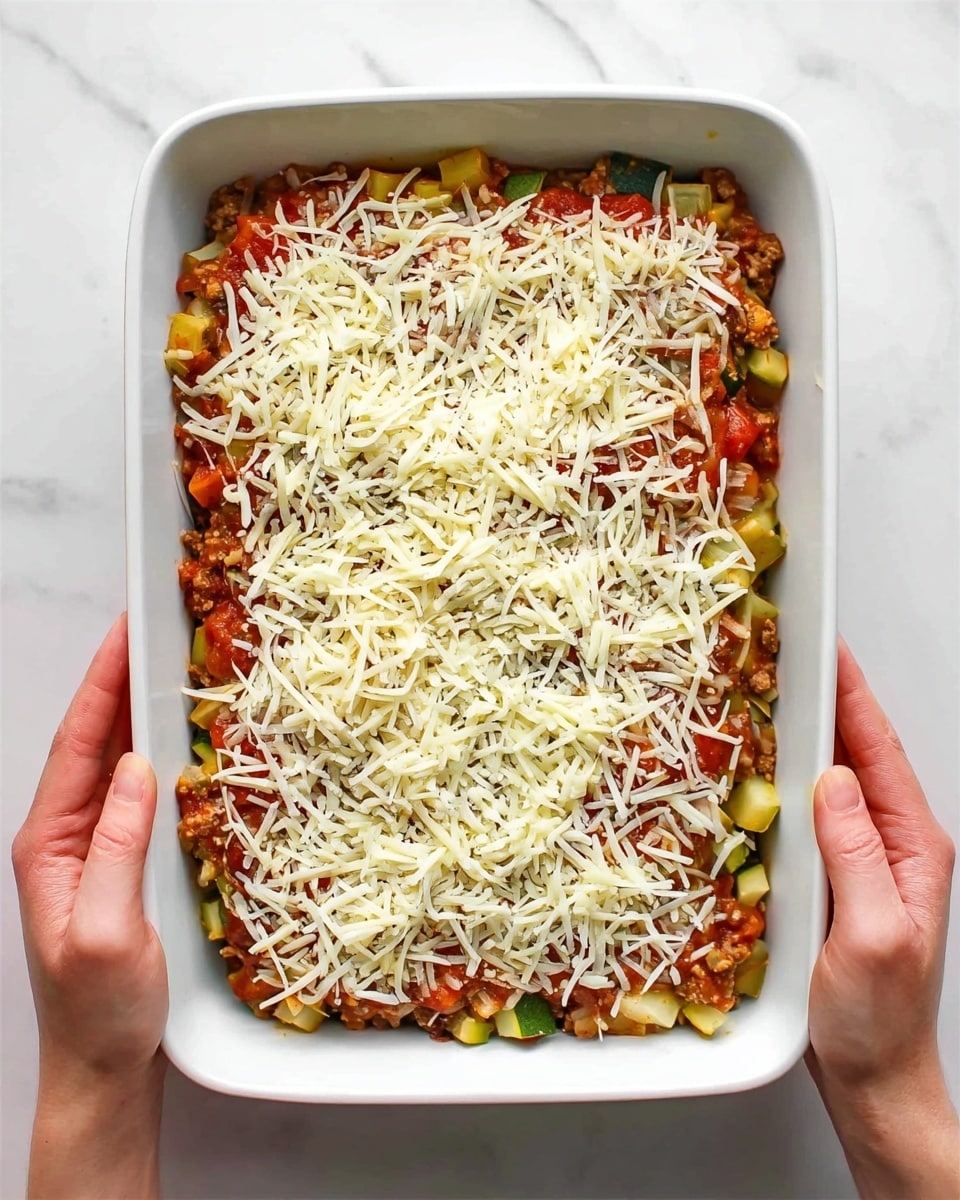 A white rectangular baking dish is shown from above, held by a woman's hands on each side. Inside the dish, there are three visible layers: the bottom layer is a mix of diced green and yellow vegetables and small bits of brown cooked meat; the middle layer is a chunky red tomato sauce with more visible bits of vegetables and meat; the top layer is covered with shredded white cheese scattered evenly across the dish. The dish is placed on a white marbled surface. photo taken with an iphone --ar 4:5 --v 7