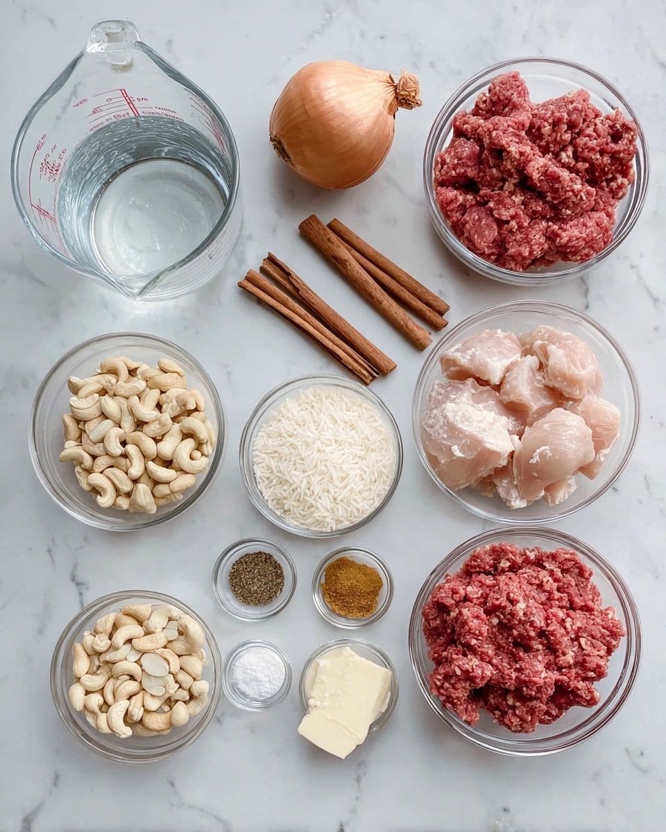 The image shows an overhead view of various ingredients laid out on a white marbled surface. There is a clear measuring cup filled with water on the left, next to a small transparent bowl of cashew nuts at the bottom left. In the center, two clear glass bowls are filled with red ground meat on the left and raw light pink chicken pieces on the right. Above these bowls, a whole brown onion and two cinnamon sticks are placed. Various small clear glass bowls hold white rice, slivered almonds, white butter, mixed spices including salt, pepper, and cinnamon, and some small beige nuts, all arranged neatly around the main bowls. The setup is clean and organized, showing all the raw ingredients separately. photo taken with an iphone --ar 4:5 --v 7
