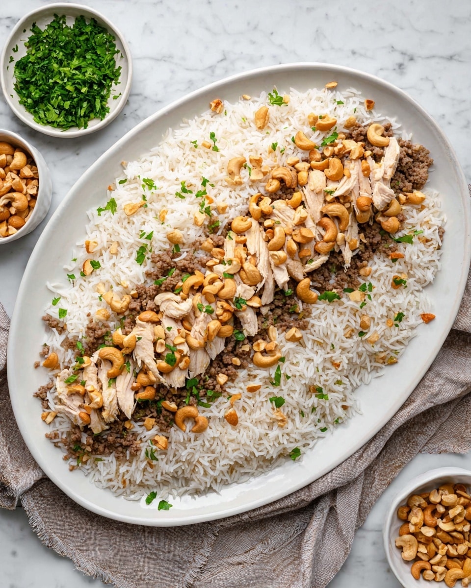 A large white oval plate sits on a white marbled surface, filled with a base layer of cooked white rice mixed with small bits of browned ground meat, spread evenly across the plate. On top, there is a second layer of shredded light beige chicken pieces arranged in a line down the middle. Scattered generously over the chicken are golden-brown toasted nuts including whole cashews and slivered almonds, with fresh chopped green herbs sprinkled on top. To the side, there are small white bowls containing additional chopped green herbs and toasted nuts. A neutral-colored cloth napkin is partially visible under the plate. Photo taken with an iphone --ar 4:5 --v 7
