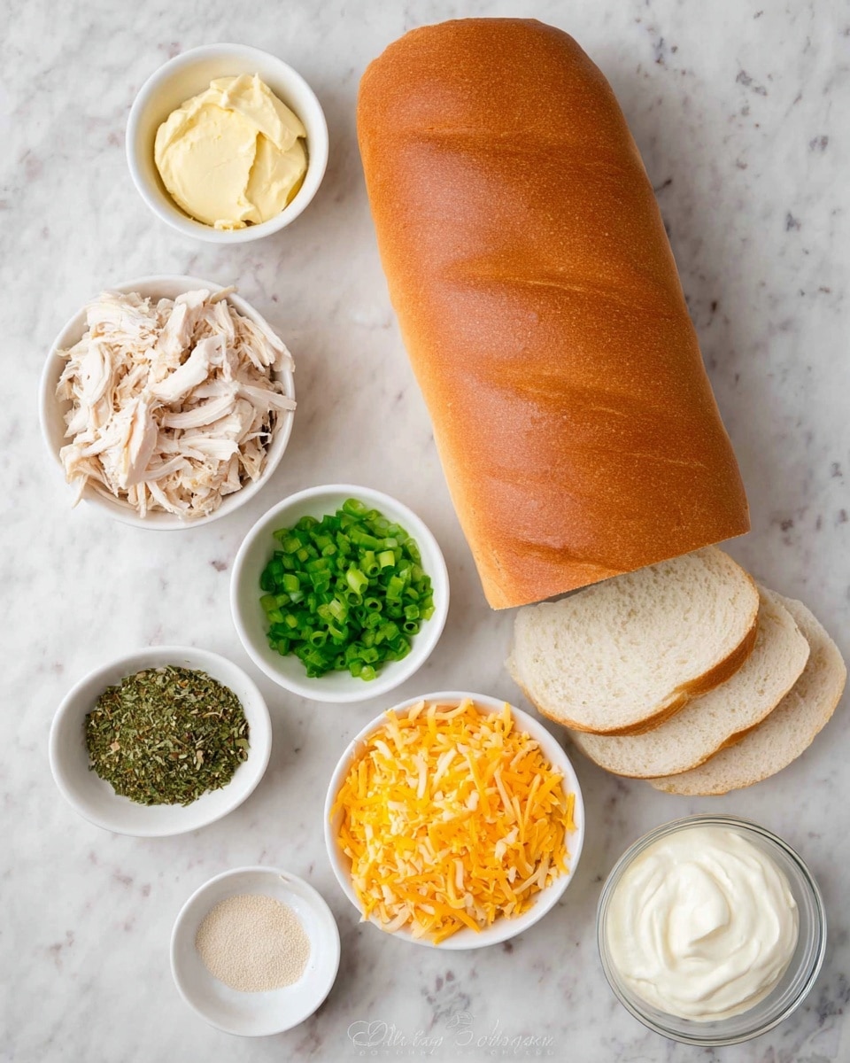 In the image, there is a long loaf of brown bread placed in the middle, sliced open with the top piece tilted slightly to the side showing its soft inner texture. Surrounding the bread are six small white bowls arranged neatly on a white marbled surface. Clockwise from the top left, the first bowl contains shredded light beige chicken, the next bowl to the top right has a creamy light yellow mayonnaise. Below that, there is a bowl filled with smooth white sour cream or similar cream, then a bowl of shredded yellow and white cheddar cheese. To the bottom left, a bowl holds dark green dried herbs, and above it, a smaller bowl has freshly chopped light green spring onions. At the very bottom left is a tiny bowl with a light beige powder seasoning. The overall setup is clean, organized, and ready for making a sandwich, photo taken with an iphone --ar 4:5 --v 7