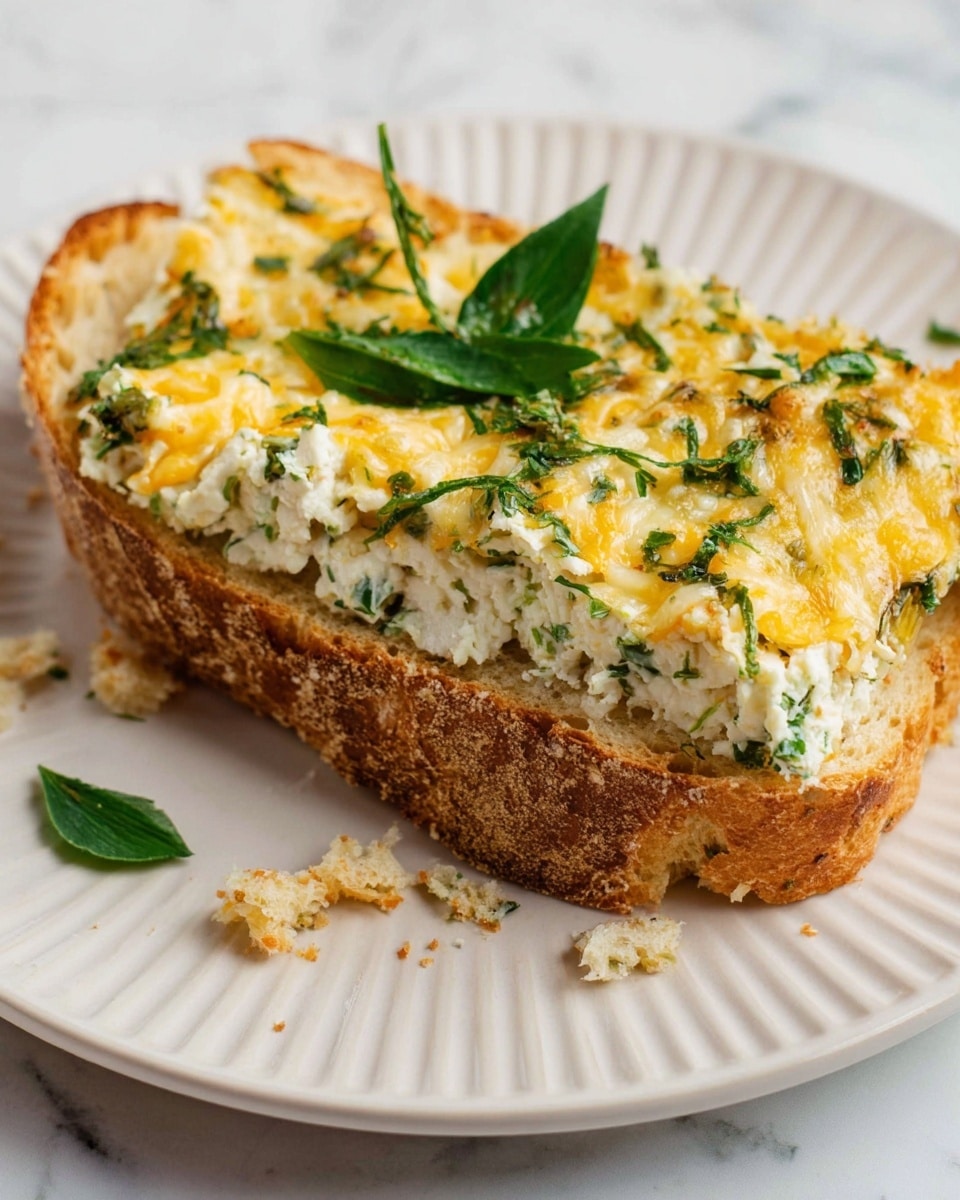 A thick slice of bread with a rough texture and golden brown crust sits on a white plate with ridged edges. On top, there are two layers: the bottom layer is white and soft, likely cheese or a creamy spread mixed with green herbs, and the top layer is melted yellow and white cheese with small green herb pieces scattered evenly. Some green herb leaves are placed on and around the slice, and small bread crumbs are scattered on the plate. The background is a white marbled surface. photo taken with an iphone --ar 4:5 --v 7
