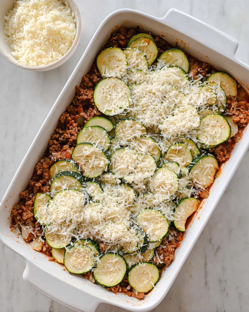 A white rectangular baking dish filled with a layered casserole showing three distinct layers: the bottom layer is chunky brown cooked ground meat mixed with visible bits of onion and seasoning, the second layer consists of round slices of green zucchini arranged evenly, and the top layer is covered with a generous sprinkle of white shredded cheese and finely grated cheese, scattered unevenly over the zucchini. The dish is placed on a white marbled surface, and in the upper left corner, there is a small white bowl filled with grated cheese. Photo taken with an iphone --ar 4:5 --v 7