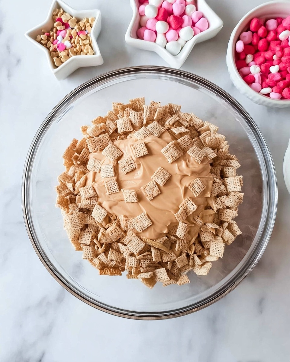 A clear glass bowl sits on a white marbled surface, filled with a base layer of light brown square cereal pieces. On top of the cereal, there is a layer of smooth, light brown creamy mixture spreading unevenly across the middle. Surrounding the bowl, three small white star-shaped dishes hold colorful toppings: pink and white candy hearts, light brown cereal pieces, and pink and white chocolate-coated candies. Photo taken with an iphone --ar 4:5 --v 7