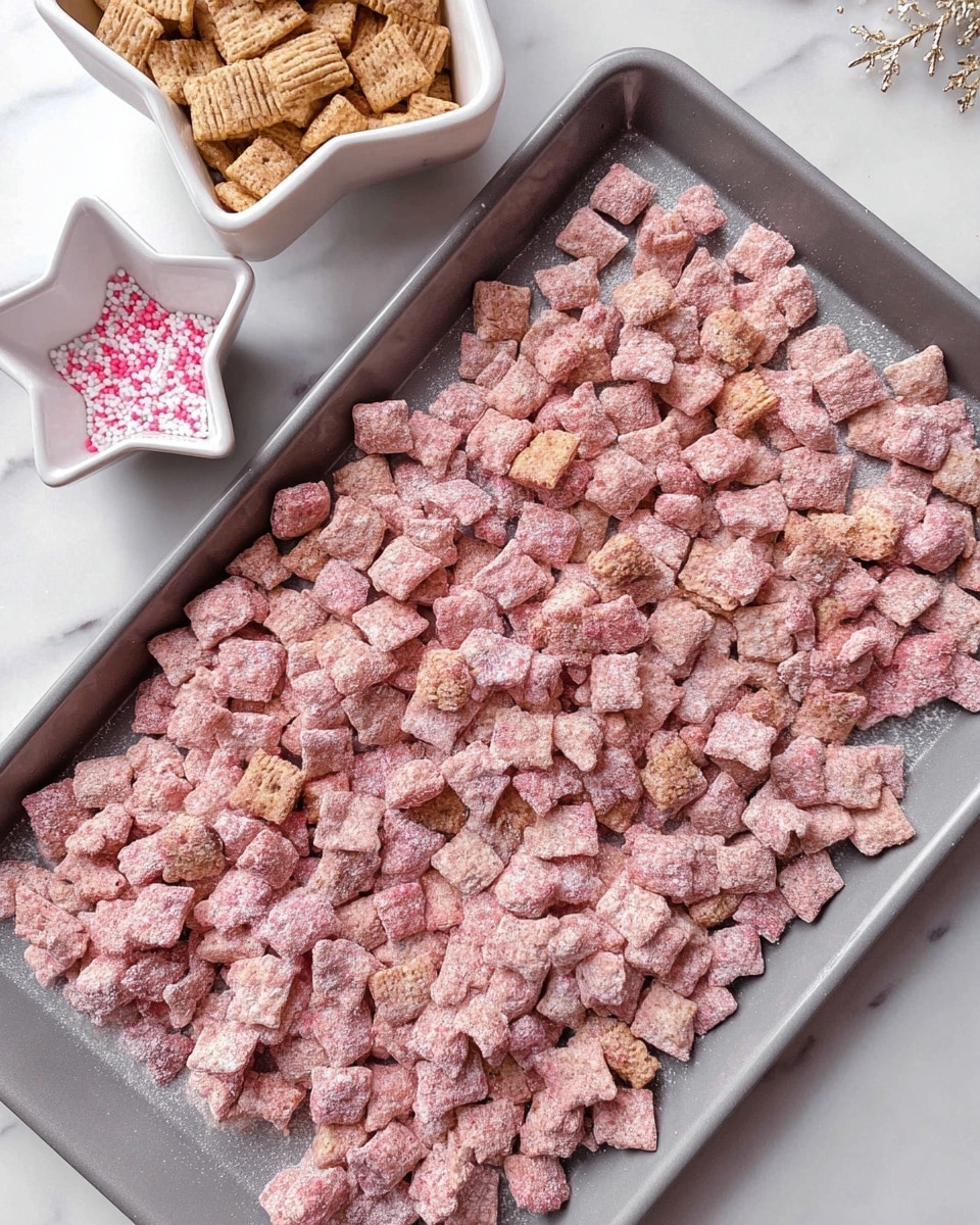 The image shows a gray baking tray filled with many small pink clusters of coated cereal pieces spread evenly across the tray. The cereal pieces are rough and powdery in texture with some white powder spots visible. Above to the left, there are two small white star-shaped bowls; one bowl holds square, tan cereal pieces, and the other contains small pink and white sprinkle candies. The whole setup is placed on a white marbled surface with soft natural light coming from the top right, casting soft shadows. photo taken with an iphone --ar 4:5 --v 7