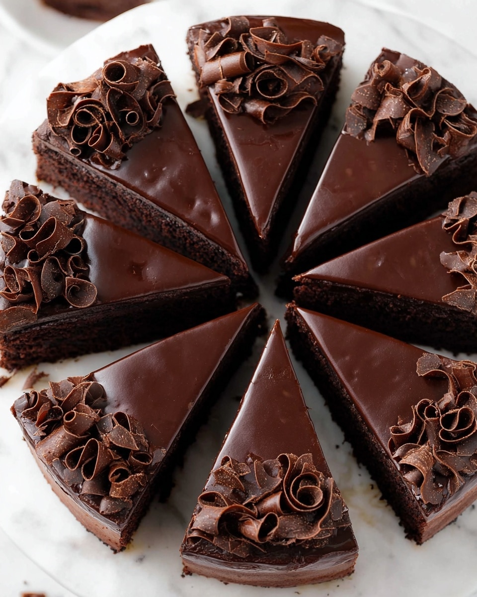 The image shows a round chocolate cake cut into eight slices, arranged in a circle on a white marbled surface. Each slice has two layers: a thick dark chocolate cake base and a smooth, glossy dark chocolate ganache on top. The top layer is shiny and rich, with subtle swirls visible. The edges of the top side of each slice are decorated with dark chocolate curls, adding texture and depth. The cake looks moist and dense, with the curls piled mostly near the pointed edge of each slice. Photo taken with an iphone --ar 4:5 --v 7