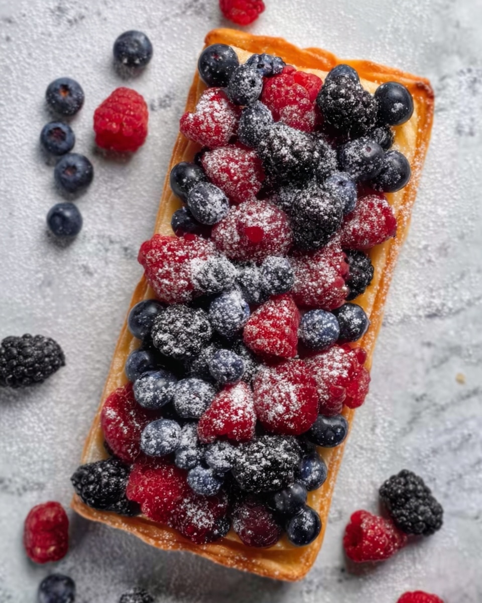 A rectangular puff pastry tart with a golden-brown, flaky crust topped with fresh blueberries, blackberries, and raspberries, arranged in a loose, natural pattern covering most of the surface. The berries have a rich, deep color with a light dusting of powdered sugar scattered gently on top. The tart is placed on a white marbled texture surface with a few loose berries around it. Photo taken with an iphone --ar 4:5 --v 7
