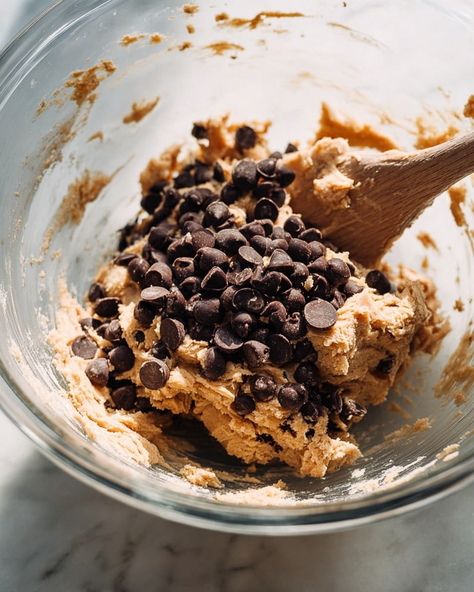A clear glass bowl sits on a white marbled surface, filled with a chunky mixture of light brown dough and many dark chocolate chips piled on top. The dough looks soft and thick, with the chips scattered unevenly on its surface. A wooden spatula coated with dough rests inside the bowl, angled to the right, with parts of the dough clinging to it. The inside of the bowl shows smears of dough around the edges, indicating mixing has started. Warm light highlights the textures of the dough and the shiny, smooth chocolate chips. photo taken with an iphone --ar 4:5 --v 7