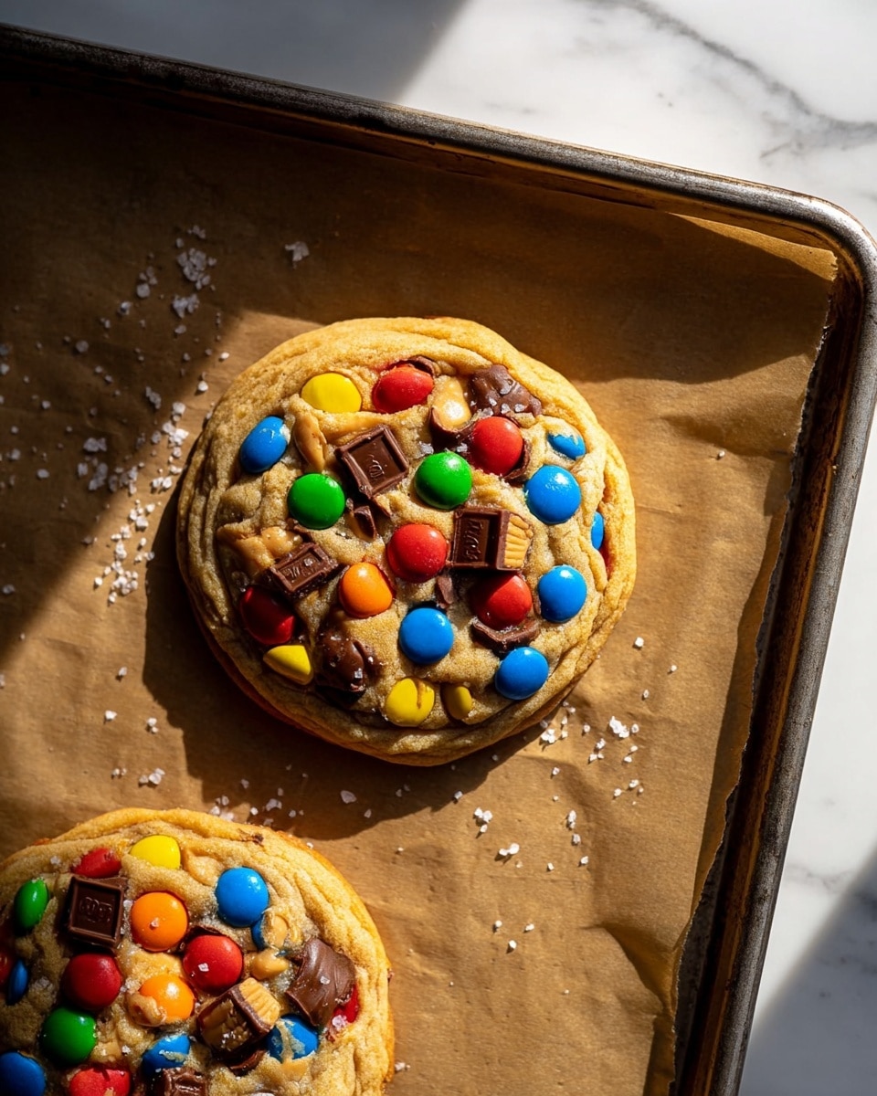 The image shows two thick cookies on a baking tray lined with brown parchment paper. Each cookie has a soft golden-brown base and is topped with colorful candy-coated chocolates in red, blue, yellow, green, and orange. Pieces of milk chocolate and peanut butter cups are scattered on top, adding texture and richness. There are also a few small salt flakes sprinkled around on the surface, creating a contrast to the sweet toppings. The tray is placed on a white marbled texture surface with some shadows falling across the cookies. photo taken with an iphone --ar 4:5 --v 7