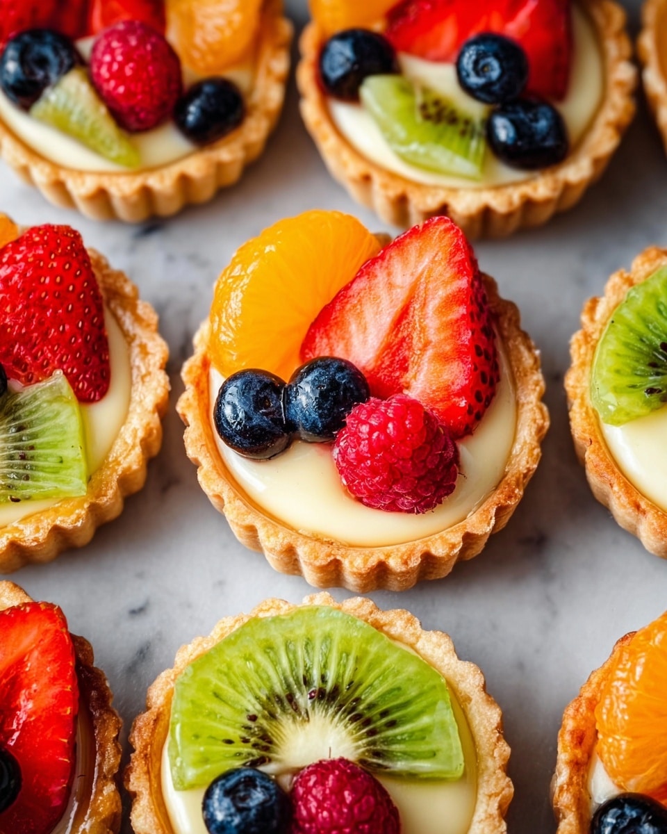 Small tartlets with golden brown crusts filled with smooth pale yellow cream. Each tartlet is topped with four pieces of fresh fruit arranged closely: a bright red strawberry slice, an orange segment, a green kiwi slice, a shiny red raspberry, and a dark blue blueberry. The tartlets are placed close together on a white marbled surface, showing the texture of the crust and the fresh fruit colors. photo taken with an iphone --ar 4:5 --v 7