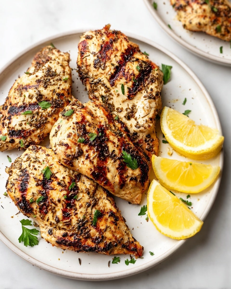 The image shows a white plate with three grilled chicken pieces seasoned with herbs and decorated with small green parsley leaves. The chicken pieces have a golden-brown color with dark grill marks and a slightly rough texture. On one side of the plate, there are three bright yellow lemon wedges adding a fresh contrast. The plate is placed on a white marbled surface, and the close-up view highlights the texture and color of the grilled chicken and lemons clearly. Photo taken with an iphone --ar 4:5 --v 7
