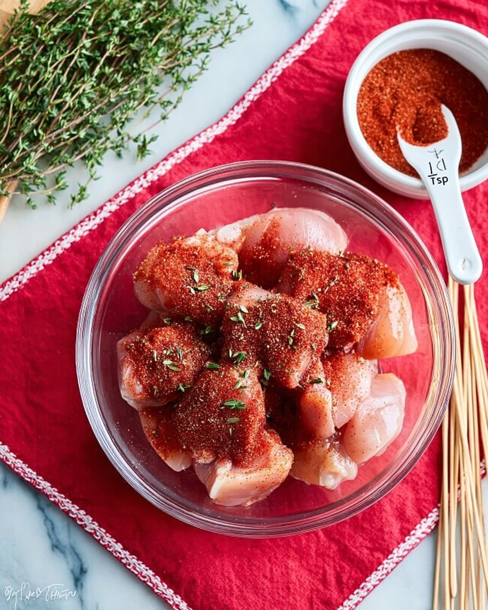 A clear glass bowl filled with several pieces of raw light pink chicken, each piece covered with a layer of deep red seasoning and sprinkled with small green herb leaves, sits on top of a red cloth with white trim. Next to the bowl, there is a small white bowl filled with more dark red seasoning powder with a white spoon labeled
