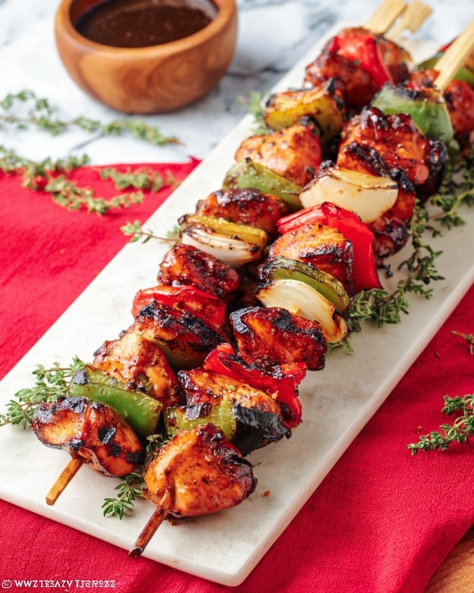 The image shows several grilled skewers placed on a long white rectangular plate. Each skewer has four layers of food, alternating between charred pieces of reddish-brown grilled chicken, green bell pepper, red bell pepper, and white onion, all with a slightly burnt and smoky texture. The colorful vegetables add bright green, red, and white pops between the chicken pieces. The plate rests on a white marbled surface with sprigs of fresh thyme around it. In the background, there is a small wooden bowl with dark sauce and a red cloth beneath the plate. photo taken with an iphone --ar 4:5 --v 7