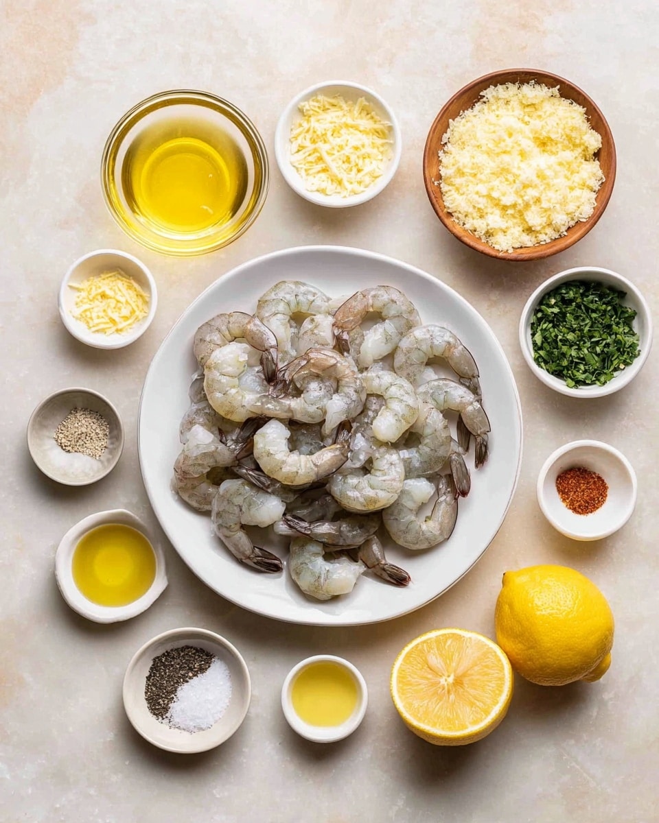 A white plate filled with a layer of raw gray shrimp with tails on, placed in the center on a white marbled surface. Around the plate, there are small bowls arranged in a circle: a clear glass bowl of yellow melted butter at the top left, a white bowl with grated pale yellow cheese below it, a small white bowl of black pepper on the left bottom side, and a smaller white bowl with a dollop of yellow mustard beneath it. At the top right, a white bowl contains finely grated light yellow garlic, next to a wooden bowl with chopped green herbs, and a small beige bowl with bright yellow lemon zest. At the bottom, two halves of a bright yellow lemon and a small glass of olive oil create a neat row. There is also a small white dish holding salt, black pepper, and a powdered spice near the bottom right. photo taken with an iphone --ar 4:5 --v 7