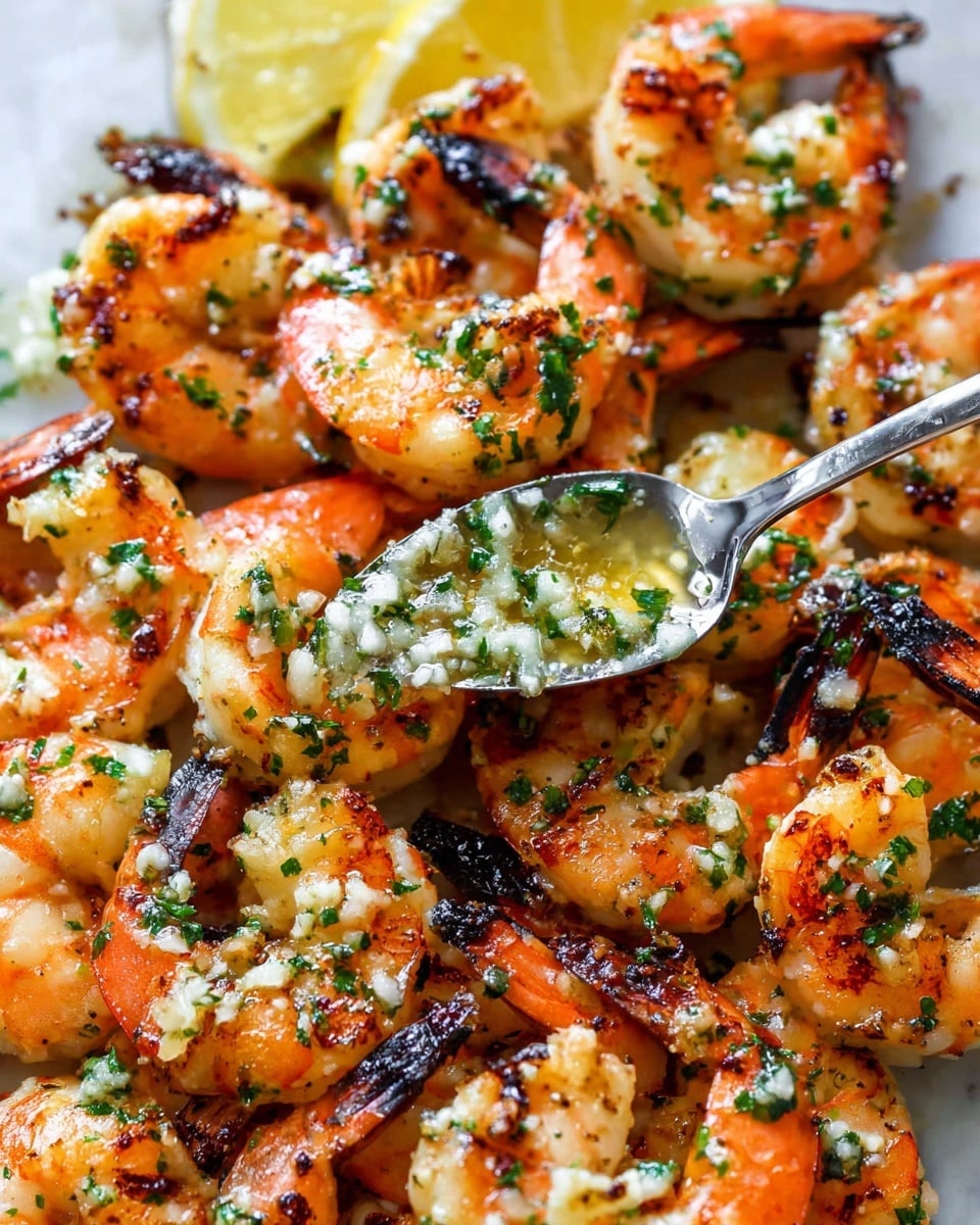 A close-up view of grilled shrimp piled together showing their bright orange and pink colors with some black char marks. Each shrimp has a light layer of white garlic and butter sauce on top, mixed with small green parsley pieces sprinkled evenly across. A silver spoon is seen scooping some of the sauce over the shrimp, adding a shiny, wet texture. In the background, lemon wedges are slightly visible under the shrimp. The whole scene sits on a white marbled surface photo taken with an iphone --ar 4:5 --v 7
