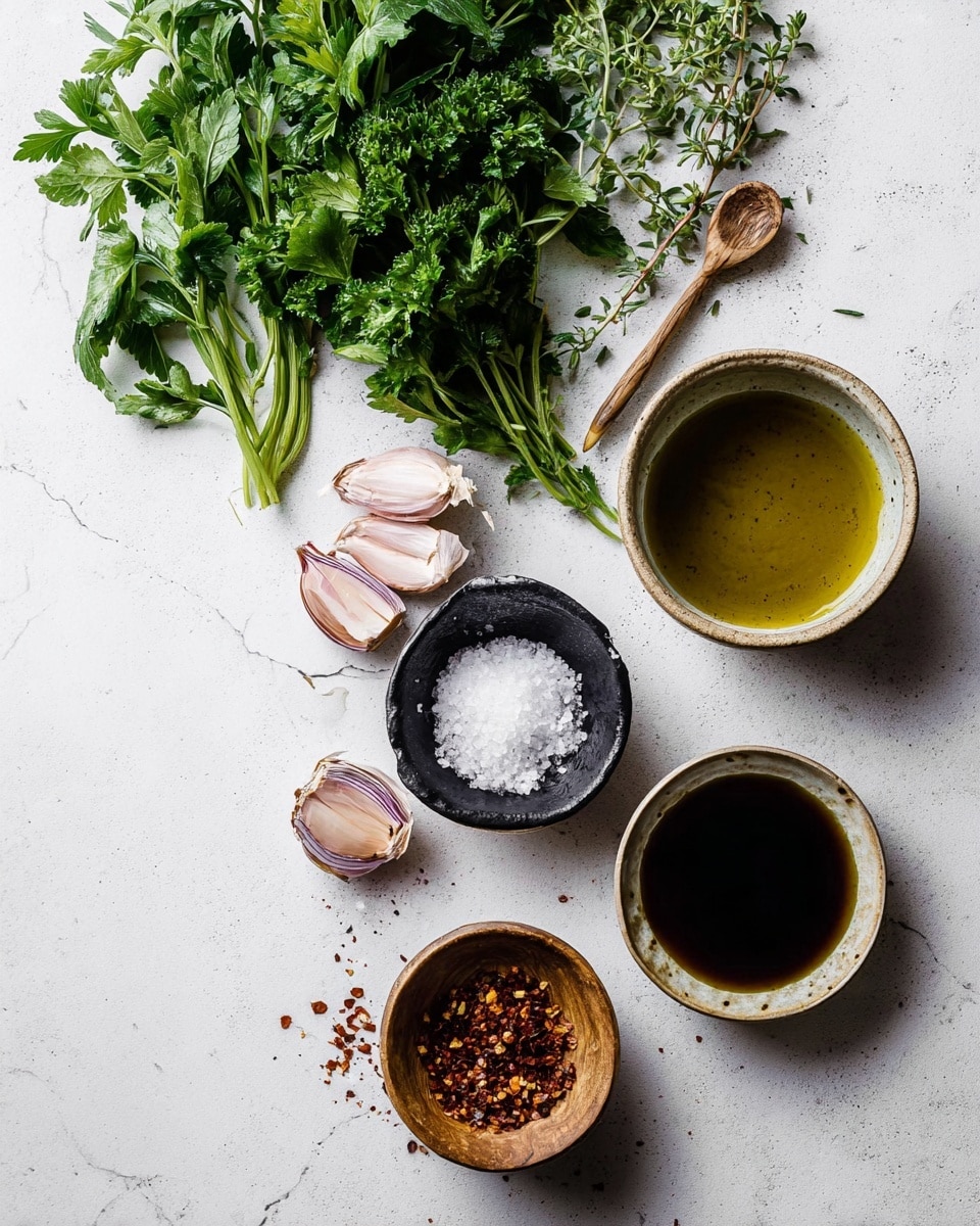 The image shows an overhead view of several fresh cooking ingredients arranged on a white marbled surface. On the left, there are leafy green herbs including parsley and oregano, with some loose garlic cloves and shelled garlic next to them. Below the garlic, there are two halves of shallots with their layers visible, showing a pale purplish color. There is a small black bowl filled with coarse salt that has a small wooden spoon in it, placed near the garlic. There is also a small wooden bowl filled with red chili flakes near the bottom right. Two ceramic bowls sit near the top right; one contains a yellowish oil with some black specks in it, and the other holds a dark brown soy sauce-like liquid. The ingredients are spaced neatly with plenty of white marbled texture visible around them. Photo taken with an iphone --ar 4:5 --v 7