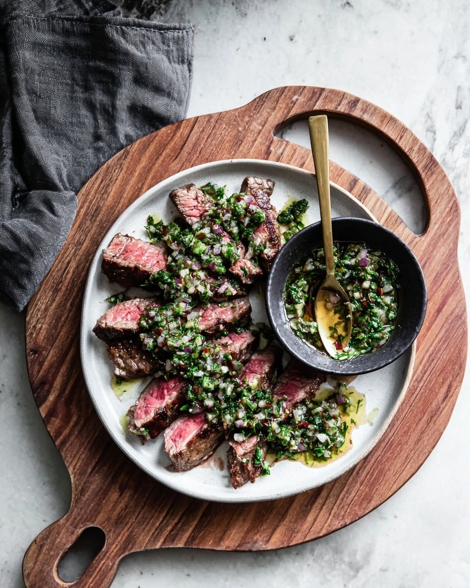 A white round plate sits on a round wooden board with a round cutout handle. The plate holds several slices of medium-rare steak, showing pink centers with a light brown seared edge. On top of the steak and around it is a chopped green herb sauce with bits of red onion, adding texture and color. In the upper right part of the plate, a small black bowl is filled with more of the green herb sauce. A gold spoon rests inside the bowl, with some sauce dripping from it onto the plate. A dark gray, slightly crumpled cloth lies in the top left corner on a white marbled surface. photo taken with an iphone --ar 4:5 --v 7