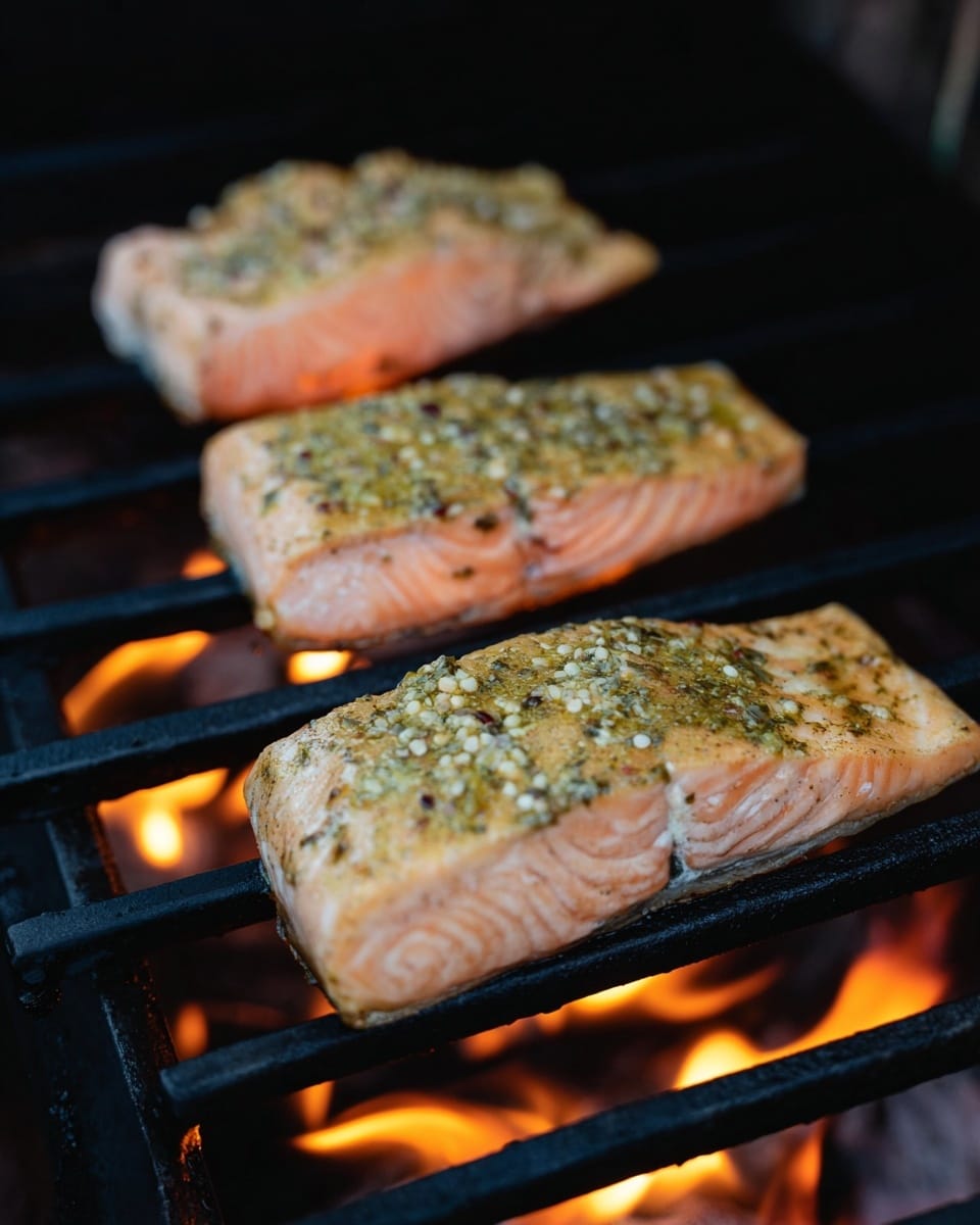 Three salmon fillets are grilling on black metal bars over an open flame with orange and yellow flames visible below. Each fillet is a light pink color with a slightly cooked texture showing and a light coating of greenish-yellow herb mustard sauce with visible mustard seeds on top. The background is dark to emphasize the salmon and fire’s warm glow. Photo taken with an iphone --ar 4:5 --v 7