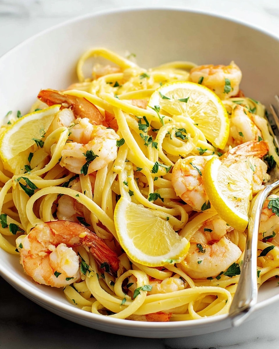 A close-up view of a creamy shrimp pasta dish, showing plump, pink shrimp mixed evenly with soft, short pasta covered in a thick, light yellow sauce. The dish is sprinkled with finely chopped green herbs and black pepper, adding texture and color contrast. The sauce looks rich and smooth, coating both shrimp and pasta well, and small green herb pieces are spread throughout the dish, creating a fresh and appetizing look. The image background is a white marbled texture. photo taken with an iphone --ar 4:5 --v 7
