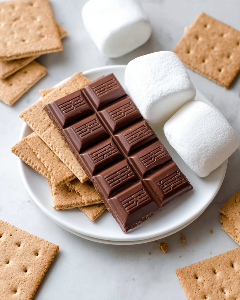 A white plate holds four rectangular, light brown graham crackers arranged in a slightly fanned out stack. On top of the crackers is a dark milk chocolate bar with