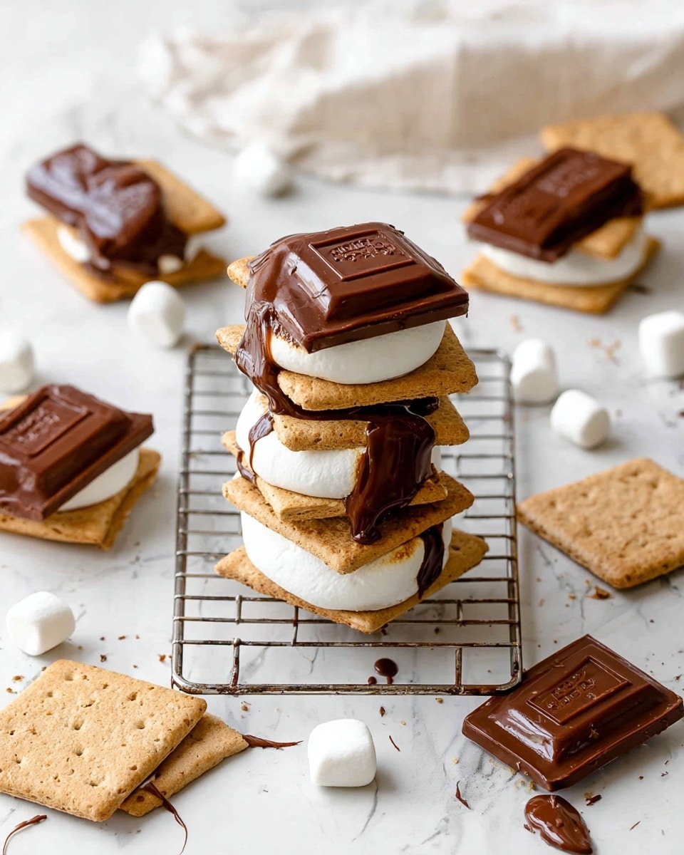 The image shows four s'mores stacked in a neat row on a small metallic wire rack over a white marbled background. Each s'more has three layers: a square light brown cracker at the bottom, a large white toasted marshmallow in the middle that looks soft with a slightly golden top, and a rectangular piece of melted dark chocolate on top with visible brand markings. Around the rack, there are additional light brown crackers and pieces of the same dark chocolate, some with melted chocolate dripping on the white marbled surface, as well as white marshmallows scattered around. Photo taken with an iphone --ar 4:5 --v 7