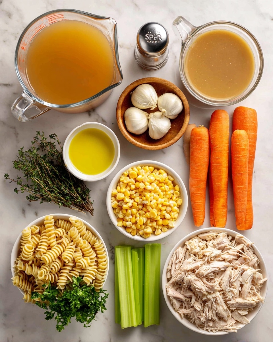The image shows several ingredients arranged neatly on a white marbled surface. In the top left, there is a large clear glass measuring cup filled with turkey stock, golden brown in color. Below it is a small clear pepper grinder labeled S&P. To the right of the stock, a small wooden bowl holds whole garlic cloves, white and smooth. Next to it on the right is a clear glass measuring cup with light brown gravy. Below the garlic is a small white bowl with bright yellow olive oil. To the right is a white bowl filled with frozen corn, pale yellow kernels. Next to the corn are three bright orange carrots lying side by side, and to their right are four fresh green celery sticks. Below these veggies is a mix of fresh green herbs including parsley, sage, and thyme. In the center is a white bowl full of uncooked spiral pasta, pale yellow. In the bottom left is a whole unpeeled brown onion. Finally, below the onion and to the left of the herbs is a white bowl filled with shredded cooked turkey, light beige in color. Photo taken with an iphone --ar 4:5 --v 7