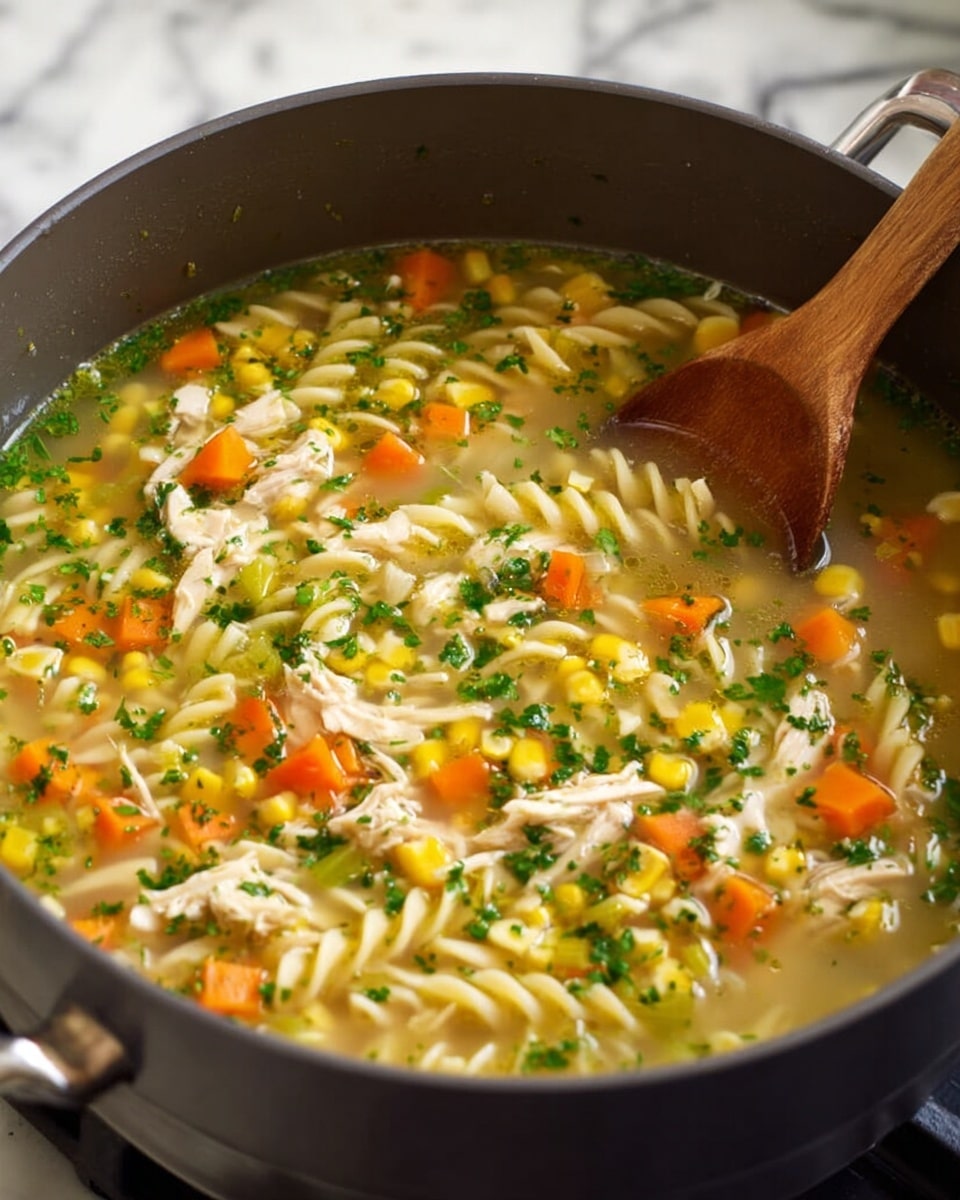 This image shows a pot of cooked chicken noodle soup with a wooden spoon inside. The soup has a clear, yellowish broth filled with spiral pasta, small pieces of shredded chicken, diced orange carrots, small yellow corn kernels, and chopped green herbs scattered on top. The pot is dark gray and placed on a stove with a white marbled surface in the background. Photo taken with an iphone --ar 4:5 --v 7
