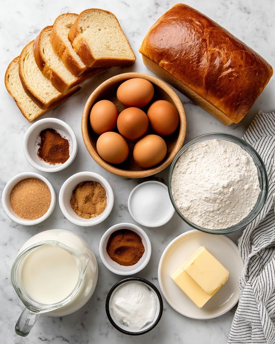 The image shows a white marbled surface with various baking ingredients arranged neatly. On the left side, there is a loaf of sliced golden-brown bread. Nearby, there are two bowls filled with light and dark brown sugar. In the center, a light wooden bowl holds seven brown eggs. Surrounding the eggs, there are small white bowls containing white sugar, cinnamon mixed with a little salt, and vanilla in a small dark bowl. To the right, a white bowl holds white flour, next to it a white plate has a pale yellow stick of butter. In front, there is a clear glass jug with whole milk and a small glass jar with heavy cream. A white and gray striped cloth is partly visible on the right side. All ingredients are spread out clearly to show their colors and textures. Photo taken with an iphone --ar 4:5 --v 7