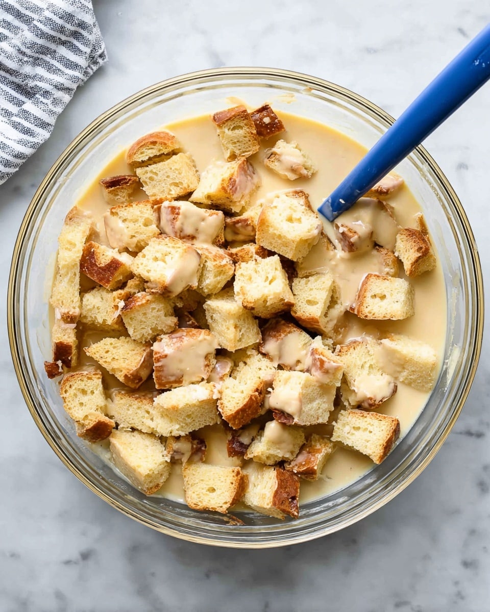 A clear glass bowl holds a mix of cubed bread soaked in a creamy beige liquid with some cubes showing a light golden crust, mostly pale yellow with a few brown crust pieces scattered throughout. A blue spatula rests inside the bowl, partially covered by the soaked bread cubes. The bowl sits on a white marbled surface with a striped cloth peeking from the top left corner. photo taken with an iphone --ar 4:5 --v 7