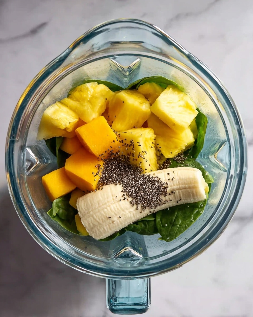 The image shows a clear glass blender container filled with layers of ingredients viewed from above, placed on a white marbled surface. At the bottom, there are green spinach leaves providing a leafy texture and vibrant green color. On top of the spinach, there are chunks of bright yellow pineapple and orange mango, adding a juicy and textured look. Half a peeled banana with smooth, creamy white color rests on the fruit, near the center. Scattered on top are small black chia seeds creating a speckled contrast across the colorful fruit. Photo taken with an iphone --ar 4:5 --v 7
