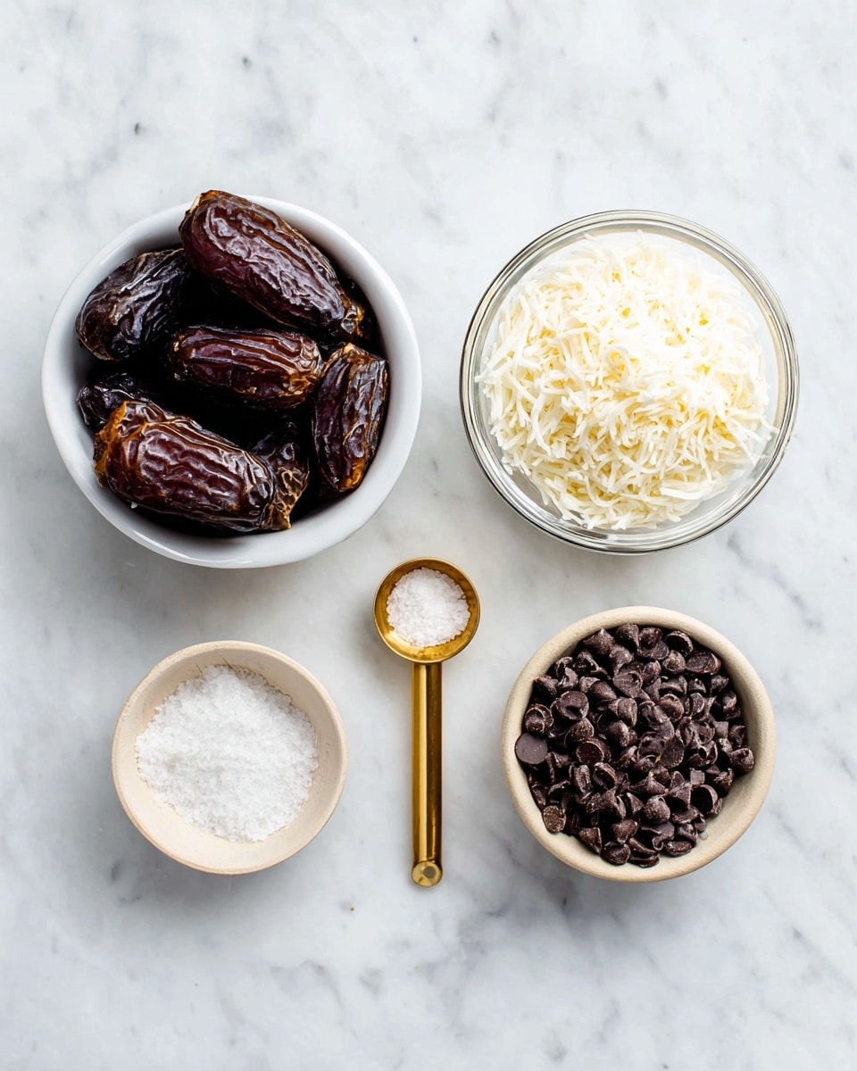 A top view of four small containers with ingredients on a white marbled surface; from left to right there is a white bowl filled with dark brown dates, a clear glass bowl with white shredded coconut, a small light bowl holding dark chocolate chips, and a gold measuring spoon filled with white granulated salt, all spaced evenly in a row photo taken with an iphone --ar 4:5 --v 7