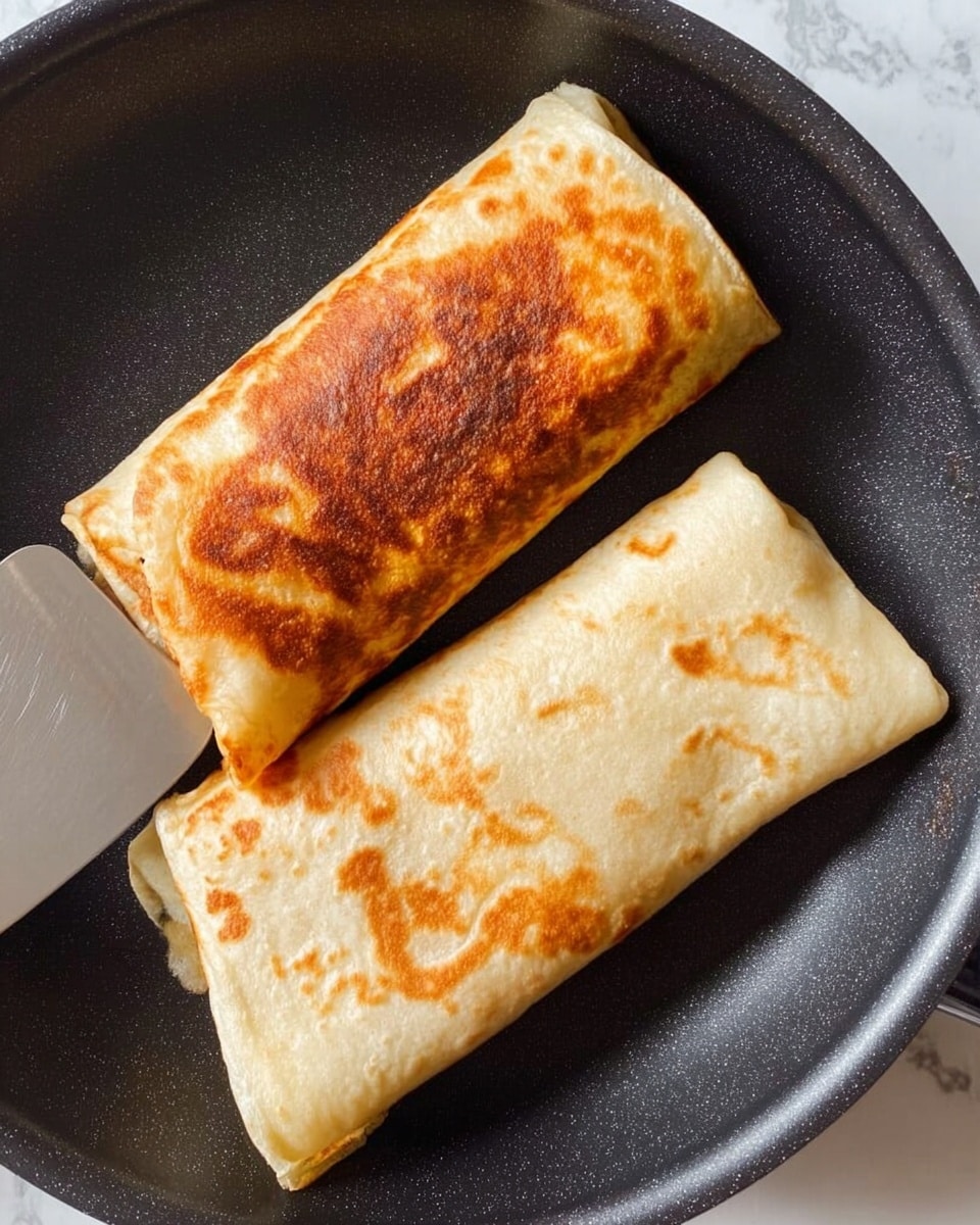 The image shows two folded tortilla wraps cooking in a black pan. One wrap has a golden brown, crispy patch covering most of its top surface, while the other wrap is lighter in color with a few light brown spots. The wraps are rectangular and tightly rolled, with one placed slightly above the other. A silver spatula is partially visible to the left, sliding under the lighter wrap. The scene is set against a white marbled surface. photo taken with an iphone --ar 4:5 --v 7
