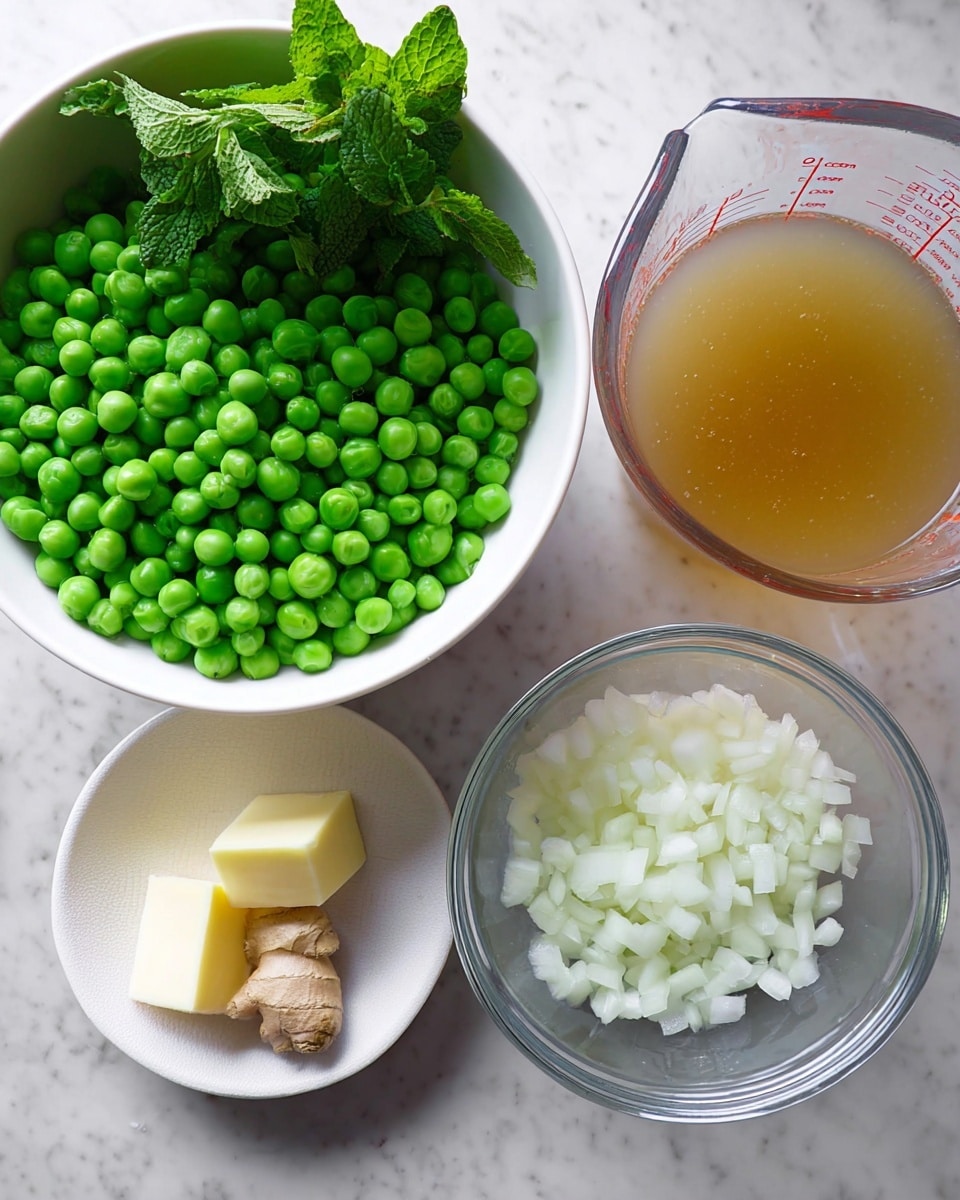 The image shows four containers with ingredients placed on a white marbled surface. The top left has a white bowl filled with bright green peas and a small bunch of fresh green mint leaves on top. To the right, there is a clear measuring cup with a light brown liquid, likely broth. Below that, there is a small clear glass bowl filled with chopped white onions. On the bottom left, a small white plate holds a light yellow piece of butter and a small chunk of light brown ginger. Photo taken with an iphone --ar 4:5 --v 7