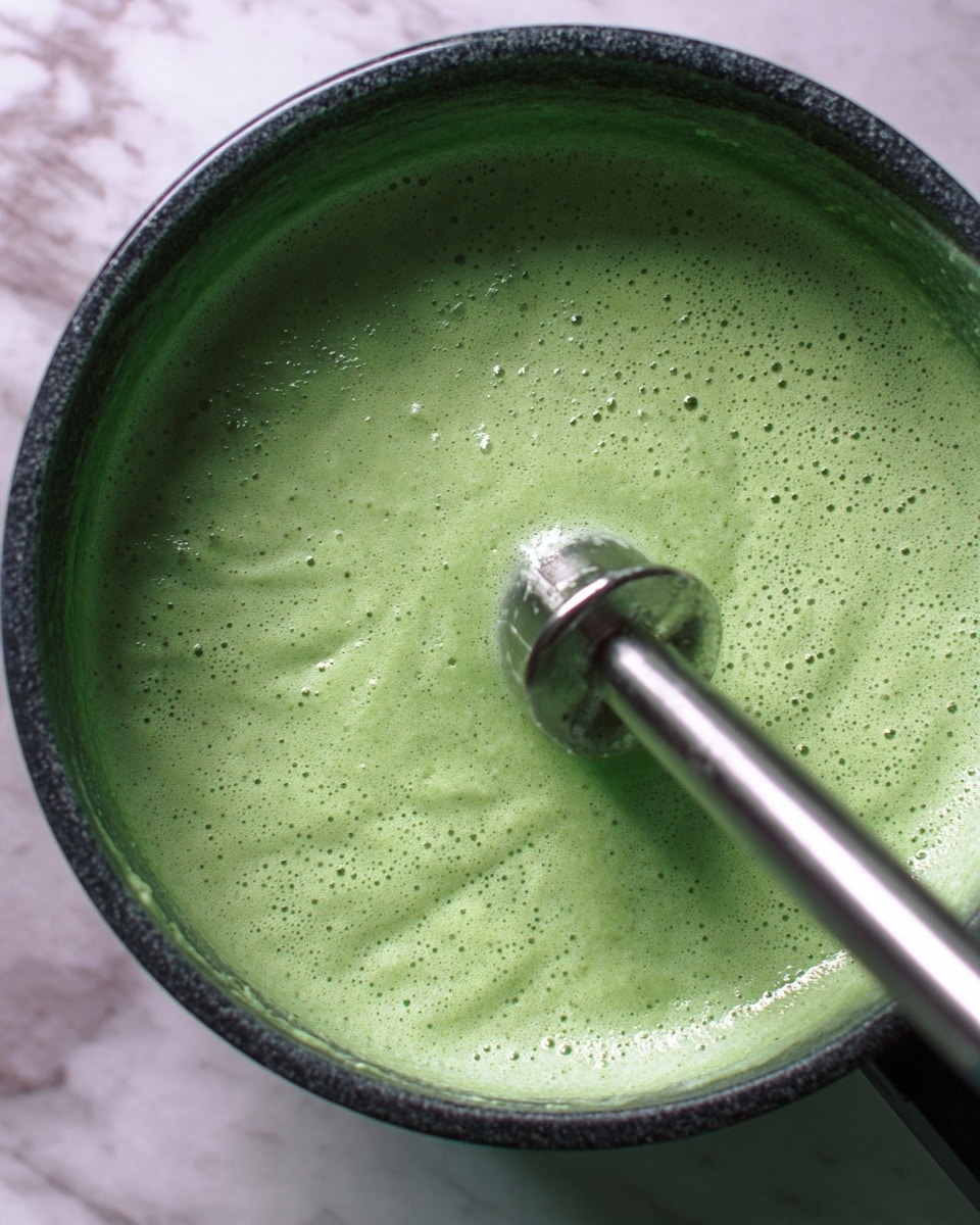 The image shows a close-up view of a pot filled with a thick, light green mixture being blended by a metal immersion blender. The mixture has a smooth and slightly frothy texture with tiny bubbles on the surface, giving it a creamy look. The dark-colored pot contrasts with the vibrant green blend inside, while the background features a white marbled texture. photo taken with an iphone --ar 4:5 --v 7
