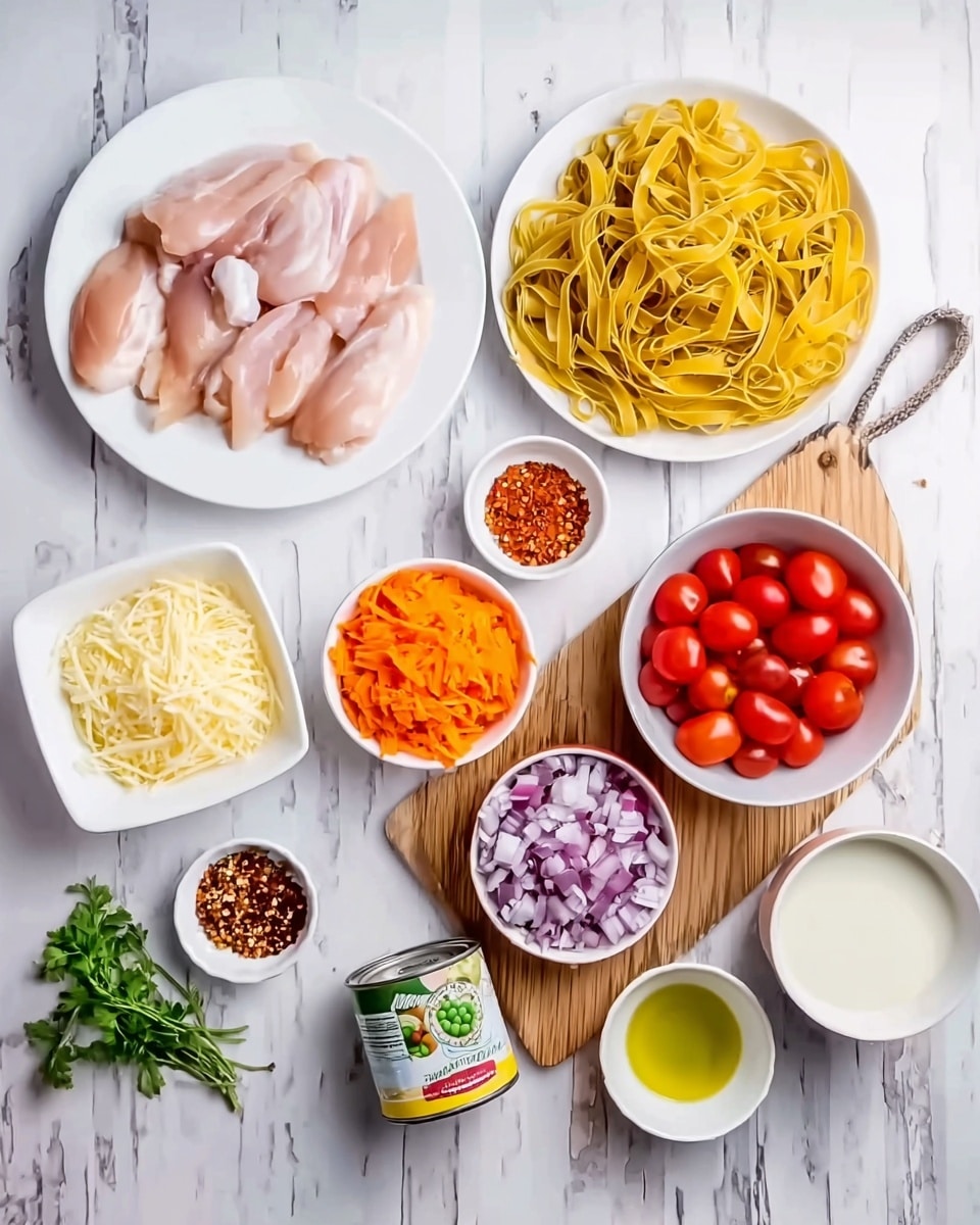 The image shows several cooking ingredients placed neatly on a white marbled surface. On the left, there is a white plate with several slices of raw chicken arranged flat. Next to it, there is a small white square bowl filled with shredded cheese. In the center, a wooden cutting board holds a nest of uncooked yellow pasta. To the right, a white bowl is filled with small red cherry tomatoes. Above that is a small white dish of shredded orange carrots and next to it, a small white bowl with chopped red onions. Below the cutting board, there is an open can of sweet peas lying slightly tilted. Next to the can is a small white bowl with crushed red pepper flakes, and beside that, a bigger white bowl with a white liquid, likely cream or milk. There is also a small white dish with olive oil, a small white plate with minced garlic, and some fresh green herbs placed near the front right. The photo is taken with an iphone --ar 4:5 --v 7