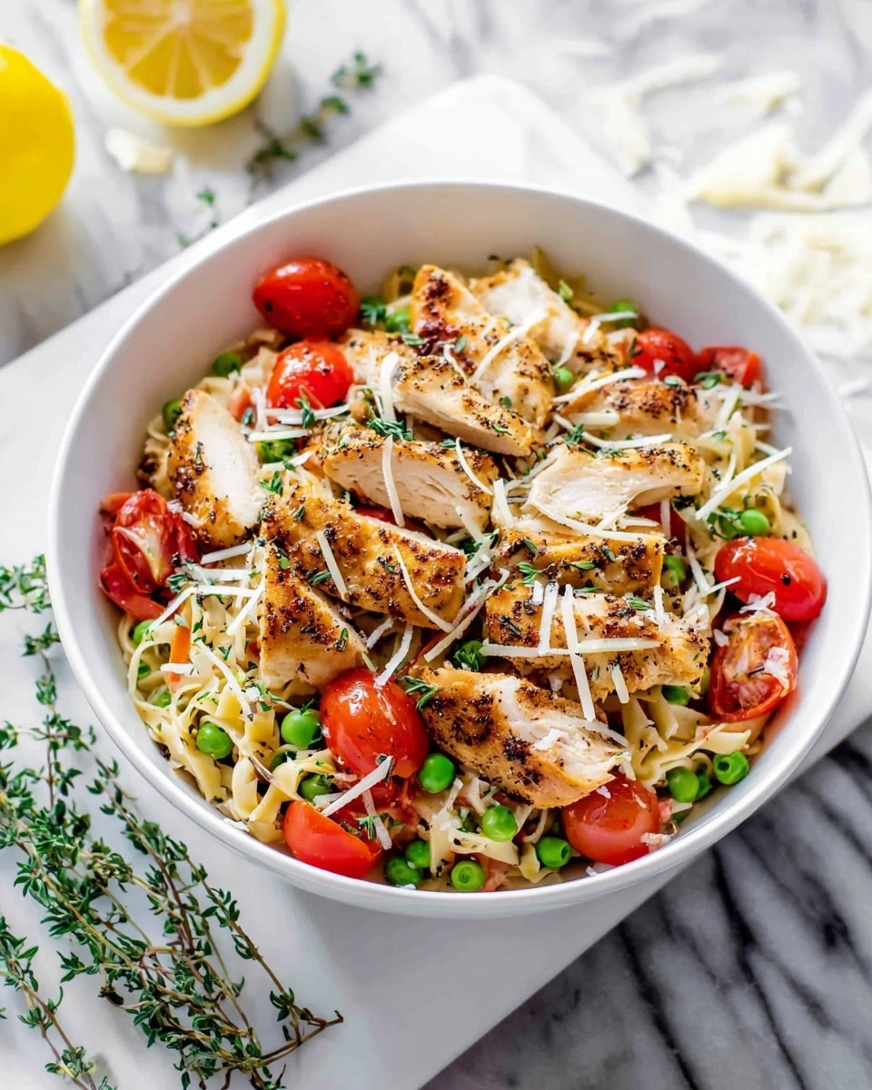A white bowl filled with a layered pasta dish starting with a base of light-colored noodles, topped with bright green peas, shredded pale cheese, and scattered halves of vibrant red cherry tomatoes. On top, pieces of golden grilled chicken with a slightly crispy texture are spread evenly, garnished with fresh green thyme leaves and thin strands of cheese. The bowl sits on a white marbled surface, with some sprigs of thyme placed nearby and a halved lemon blurred in the background. Photo taken with an iphone --ar 4:5 --v 7