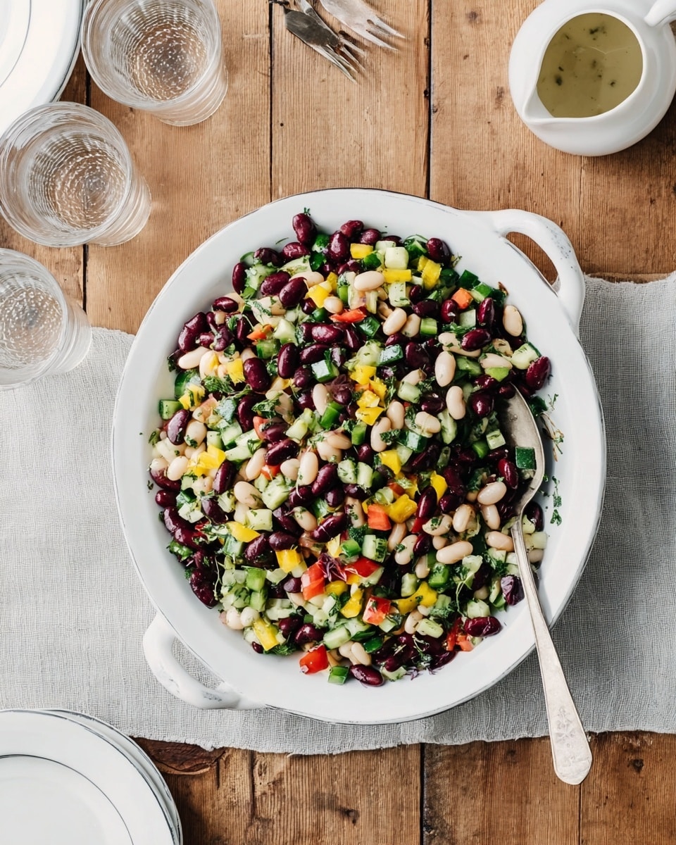 A white round plate with two handles is filled with a colorful bean salad. The salad has three main layers mixed evenly: dark red kidney beans, black beans, and white beans forming the base; chopped green beans cut into small pieces adding green texture; diced yellow and red bell peppers scattered through the dish giving bright pops of color; small pieces of chopped cucumber and finely chopped herbs spread throughout for freshness. A silver spoon rests on the right side of the plate, partially buried in the salad. The plate sits on a wooden table with a light grey cloth partly visible on the lower left corner, three clear water glasses on the upper left, white plates and silver forks at the top center, and a small white sauce pitcher with a dressing on the upper right. Photo taken with an iphone --ar 4:5 --v 7