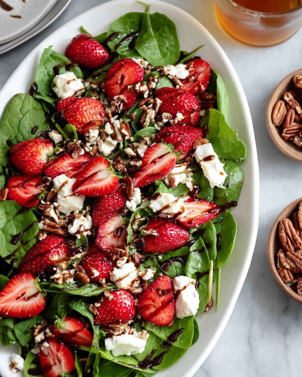 The image shows a white oval plate filled with a fresh salad. The bottom layer is bright green spinach leaves, topped with sliced red strawberries and whole strawberries still with leaves. White chunks of soft cheese are scattered evenly, and chopped brown pecans add a crunchy texture over the top. A dark balsamic dressing is lightly drizzled across the salad, adding contrast to the vibrant colors. The plate is placed on a white marbled surface, with small bowls of extra pecans and a glass drink partially visible around it. photo taken with an iphone --ar 4:5 --v 7