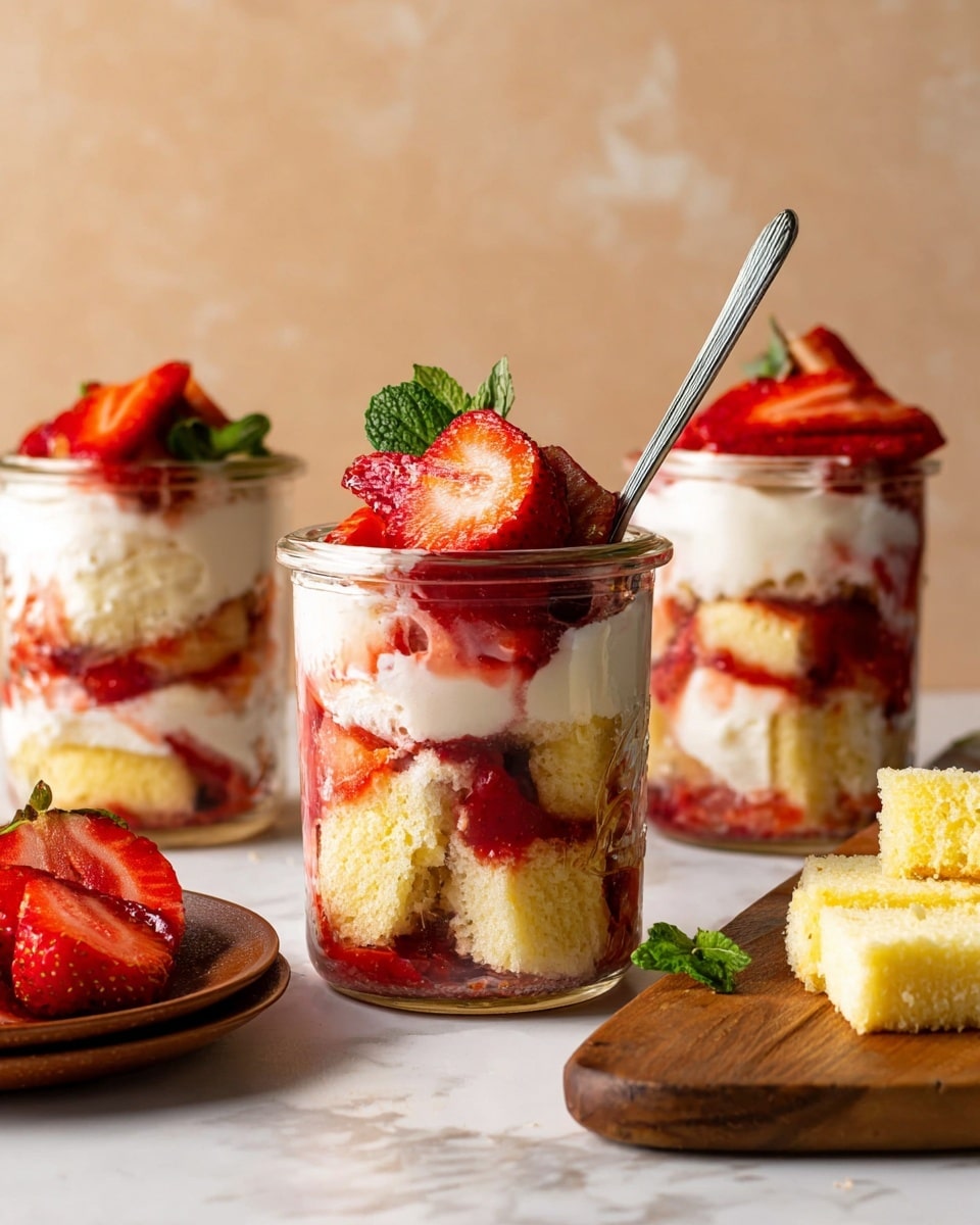 There are three clear glass jars filled with layers of a dessert. Each jar has bottom layers of white cream, followed by chunks of light yellow cake. Bright red strawberry sauce is drizzled over the cake pieces, and fresh red strawberry slices are layered on top. In the jar closest to the front, a silver spoon sticks out from the top, and a small green mint leaf sits beside the strawberries. Around the jars, there are some fresh whole and sliced strawberries on a small brown plate to the left and pieces of yellow cake on a wooden board to the right. The background is a soft beige color, and the surface beneath everything is a white marbled texture. photo taken with an iphone --ar 4:5 --v 7