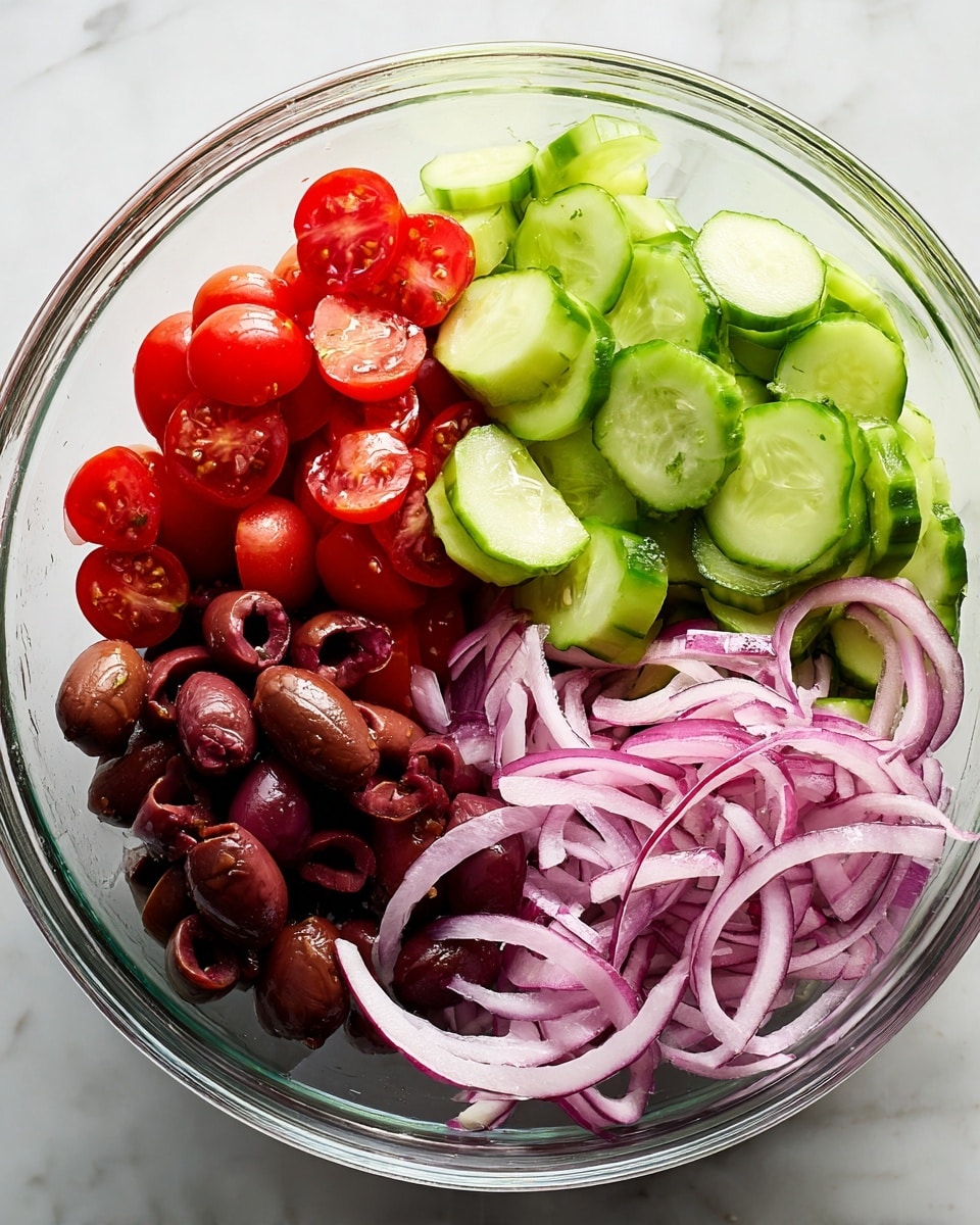 A clear glass bowl contains four separate layers of fresh salad ingredients, each occupying a quarter of the bowl. On the top right, there are thick slices of bright green cucumbers with a smooth texture. On the top left, small red cherry tomatoes are halved, showing their juicy inside. The bottom left has dark purple olives, sliced open to reveal their glossy inner flesh. The bottom right is filled with thin, curly rings of purple and white red onion, giving a crisp and layered look. The bowl sits on a white marbled surface. photo taken with an iphone --ar 4:5 --v 7