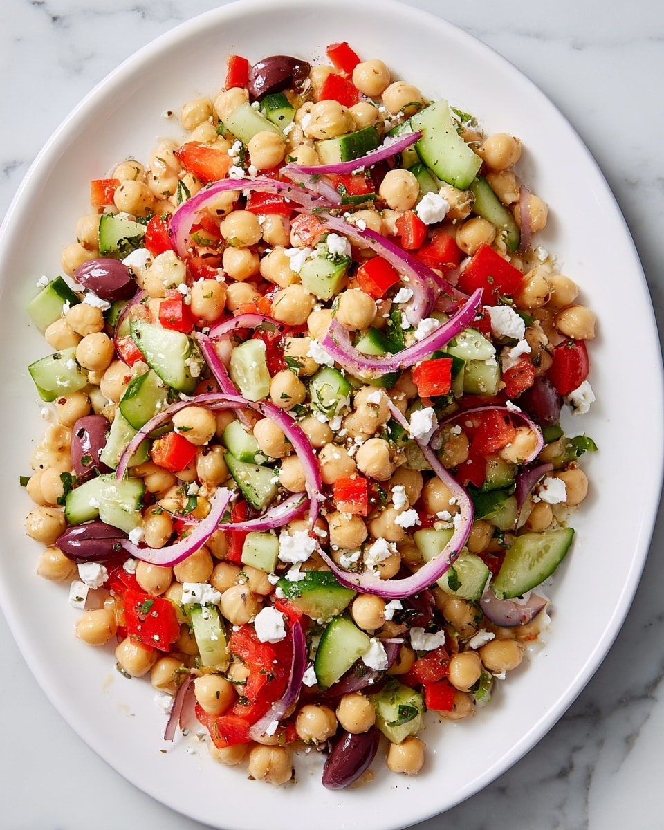 The dish is a colorful chickpea salad served on a white plate placed on a white marbled surface. It has multiple layers of ingredients mixed together: beige round chickpeas make the main layer, bright red chopped bell peppers scattered evenly, green cucumber pieces in small chunks, thin slices of purple-red onion curling across the top, dark purple Kalamata olives whole and sliced, and small white crumbles of feta cheese sprinkled throughout. The textures include smooth chickpeas, crunchy vegetables, and soft cheese, creating a fresh and vibrant look. Photo taken with an iphone --ar 4:5 --v 7