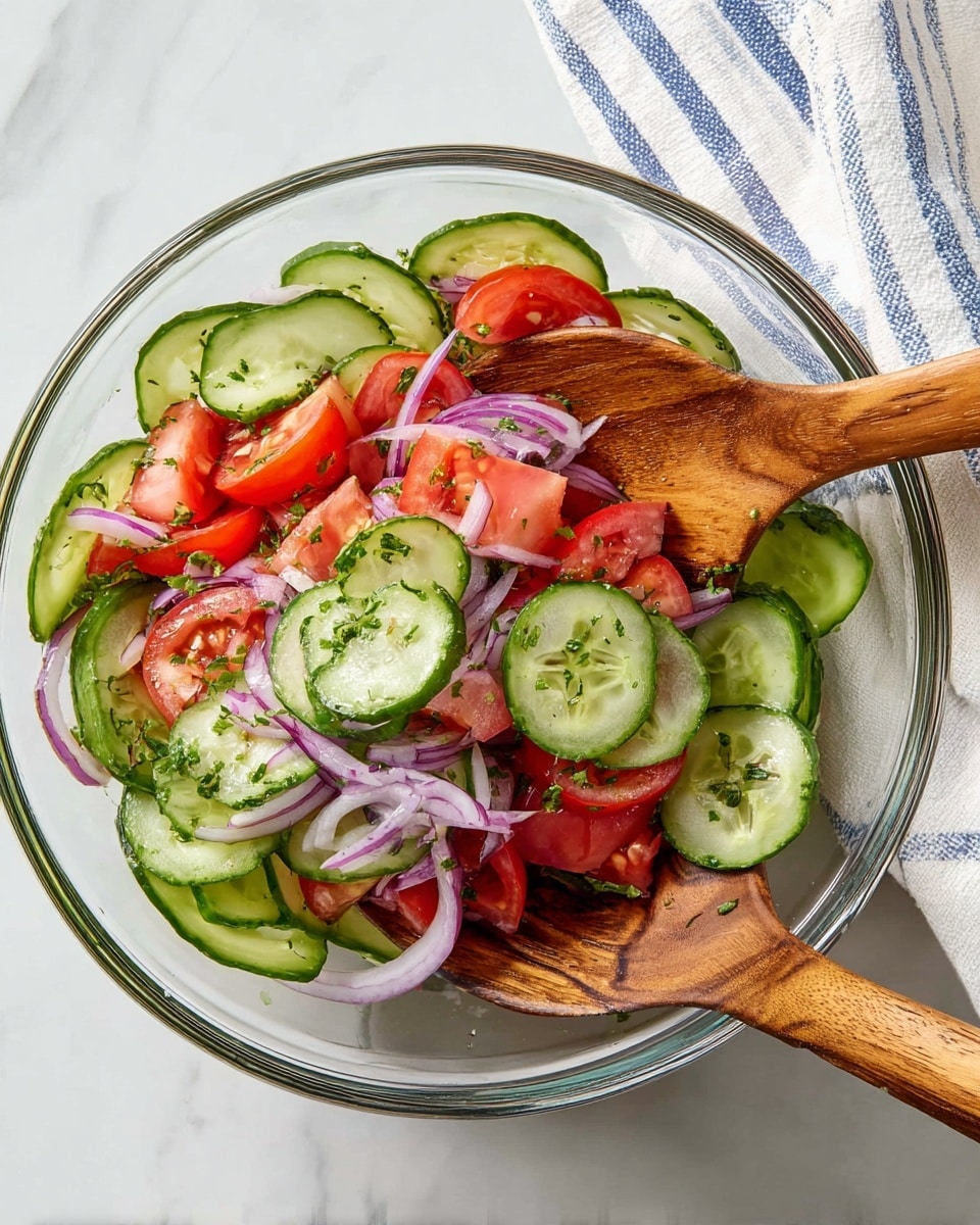 A clear glass bowl holds a fresh salad with three main layers: the bottom layer is thinly sliced bright green cucumbers with dark green edges, the middle layer consists of red tomato wedges, and the top layer is thin strips of purple-red onion mixed with small green herb pieces scattered throughout. Two wooden spoons with natural wood grain are placed inside the bowl, partly lifting some salad. The bowl sits on a white marbled surface with a white cloth featuring blue stripes in the top right corner. photo taken with an iphone --ar 4:5 --v 7
