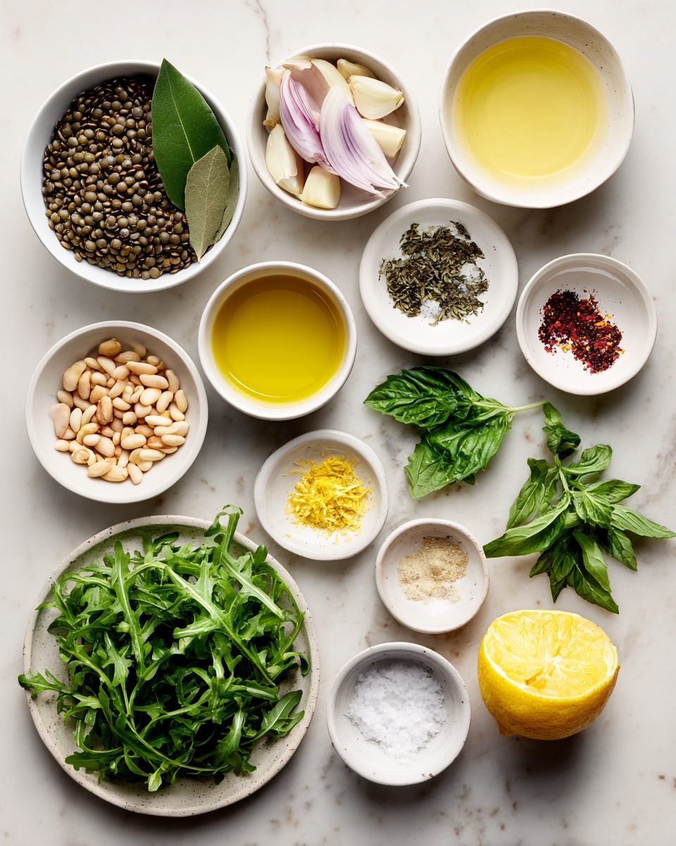 The image shows an assortment of ingredients arranged neatly on a white marbled surface. There are nine white bowls and plates with different items: the top left bowl holds dark greenish-brown French green lentils with two bay leaves on top; next to it, a bowl is filled with pale sliced garlic and light purple shallots; a bowl with golden olive oil sits nearby; a plate contains fresh green mint, basil, and parsley leaves; below that, a small white bowl has three piles of spices—bright yellow lemon zest, white flaky sea salt, and red Aleppo pepper; a white bowl holds light beige pine nuts; a halved lemon with a soft yellow interior is placed beside a bowl of champagne vinegar, which is pale yellow; and finally, a white plate at the bottom left is filled with fresh dark green arugula leaves. The overall layout is clean and organized, with each ingredient clearly visible. photo taken with an iphone --ar 4:5 --v 7