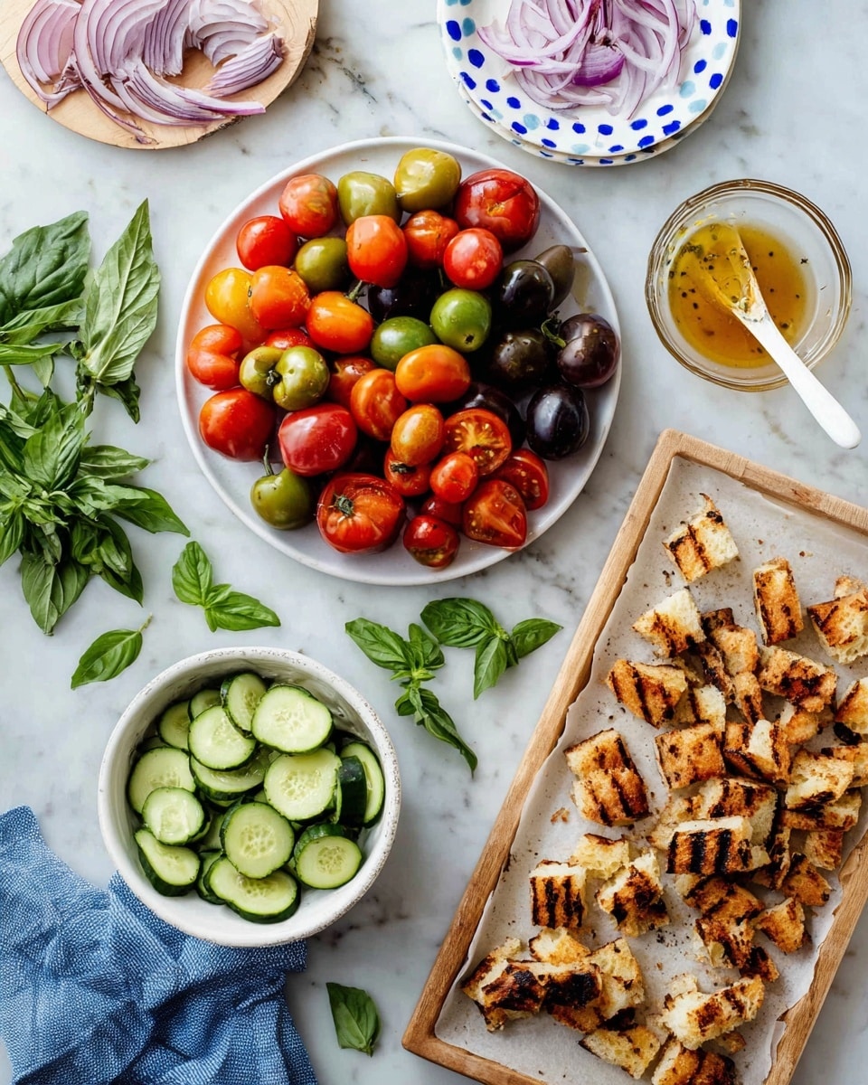 The image shows a top view of various fresh ingredients arranged on a white marbled surface. At the center left, there is a white plate filled with many small tomatoes of different shapes and colors, including red, green, orange, and dark purple, creating a colorful mix. Below it, there is a white bowl with sliced green cucumbers arranged neatly inside. To the right, there is a white tray holding grilled, golden-brown bread cubes with grill marks on them. Next to the tray, a wooden plate holds more grilled bread cubes, some pieces showing a burnt pattern. On the upper right side, there is a small glass bowl with a golden liquid dressing, and a white spoon inside it. Thin slices of red onion are on a small white plate with blue dots at the upper left side, and scattered fresh green and purple basil leaves surround the dishes. A blue cloth is seen to the bottom left corner. Photo taken with an iphone --ar 4:5 --v 7